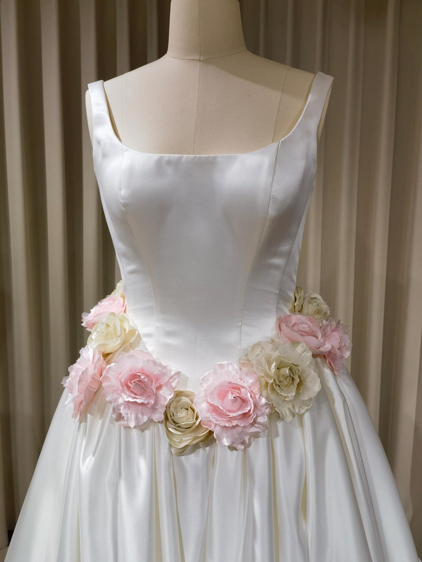 Minimalist Satin Corset Basque Waist Wedding Ballgown with Handmade Flowers and Detachable Bow | Abigail