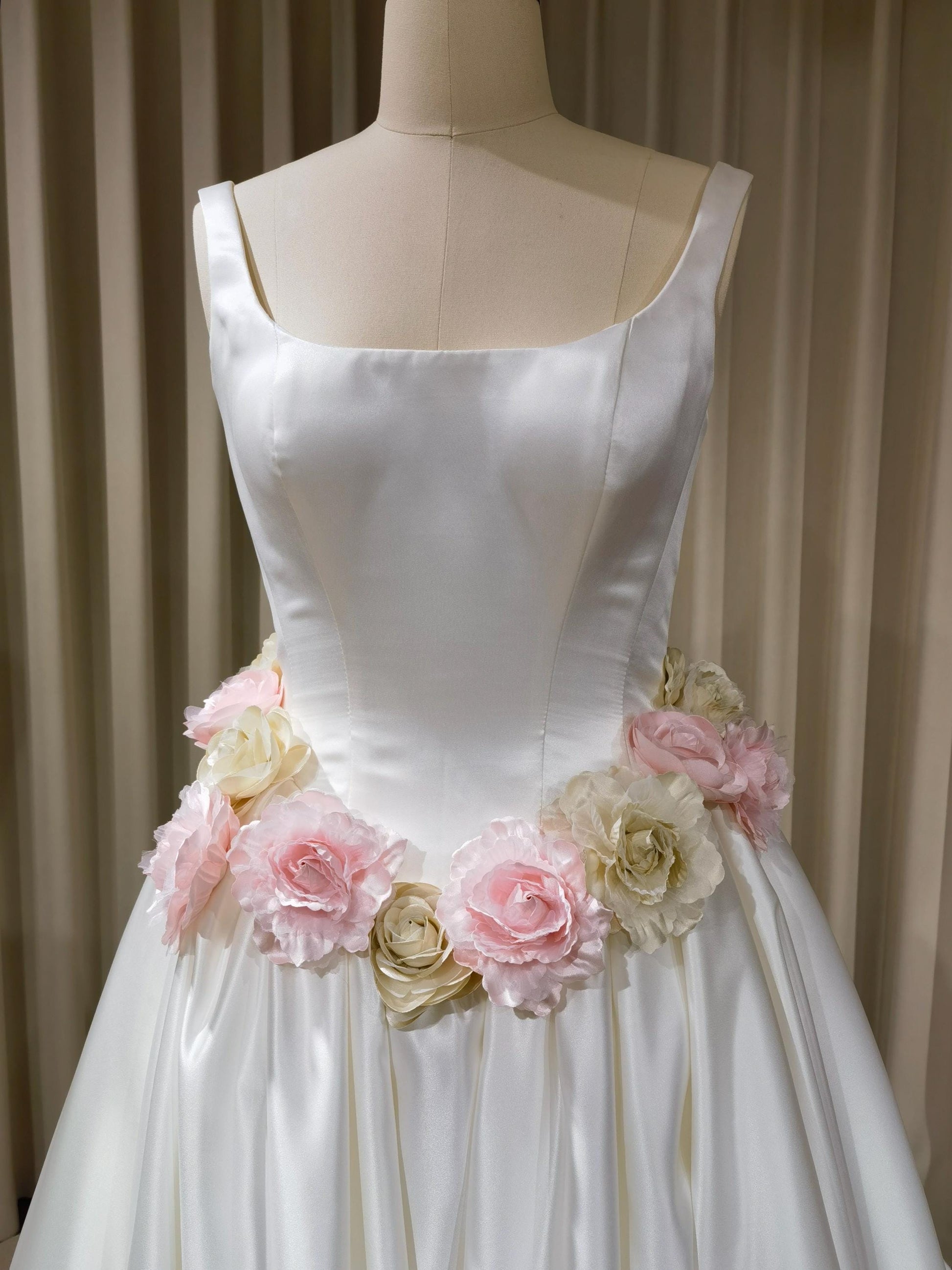 Minimalist Satin Corset Basque Waist Wedding Ballgown with Handmade Flowers and Detachable Bow | Abigail