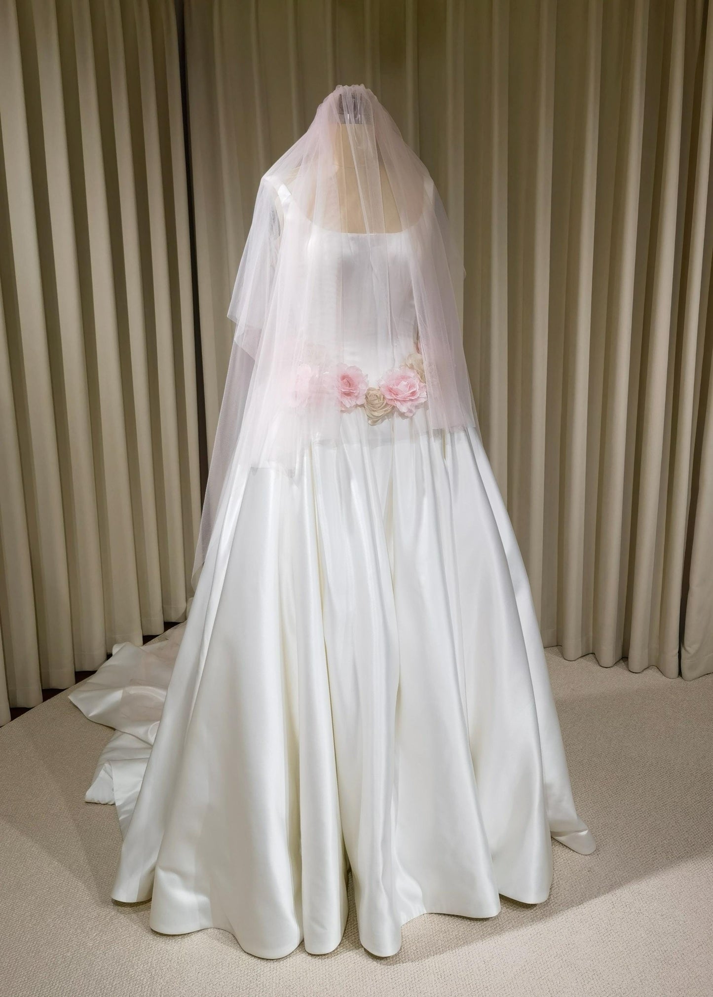 Minimalist Satin Corset Basque Waist Wedding Ballgown with Handmade Flowers and Detachable Bow | Abigail