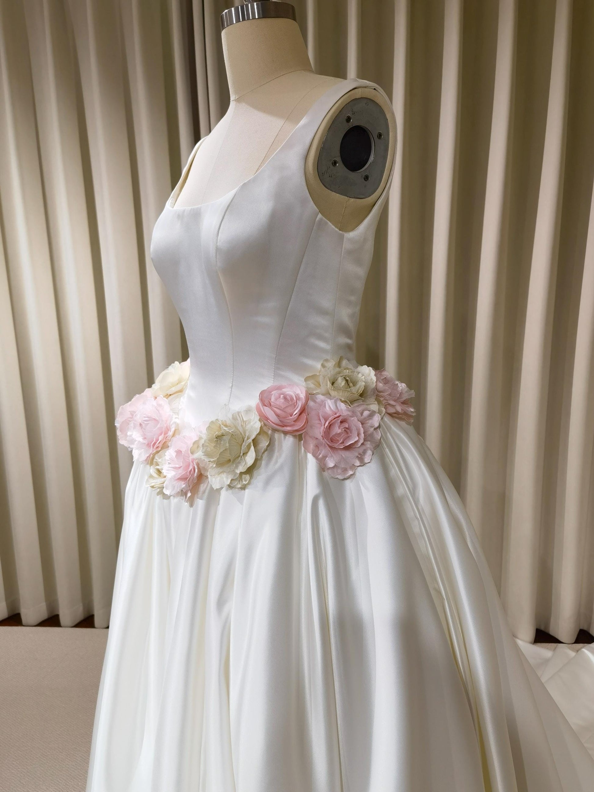 Minimalist Satin Corset Basque Waist Wedding Ballgown with Handmade Flowers and Detachable Bow | Abigail