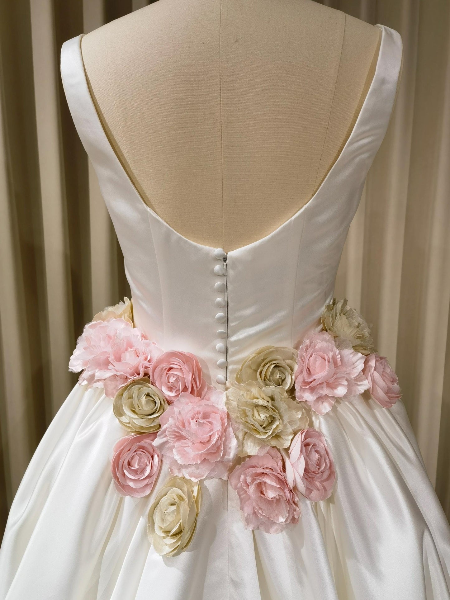 Minimalist Satin Corset Basque Waist Wedding Ballgown with Handmade Flowers and Detachable Bow | Abigail
