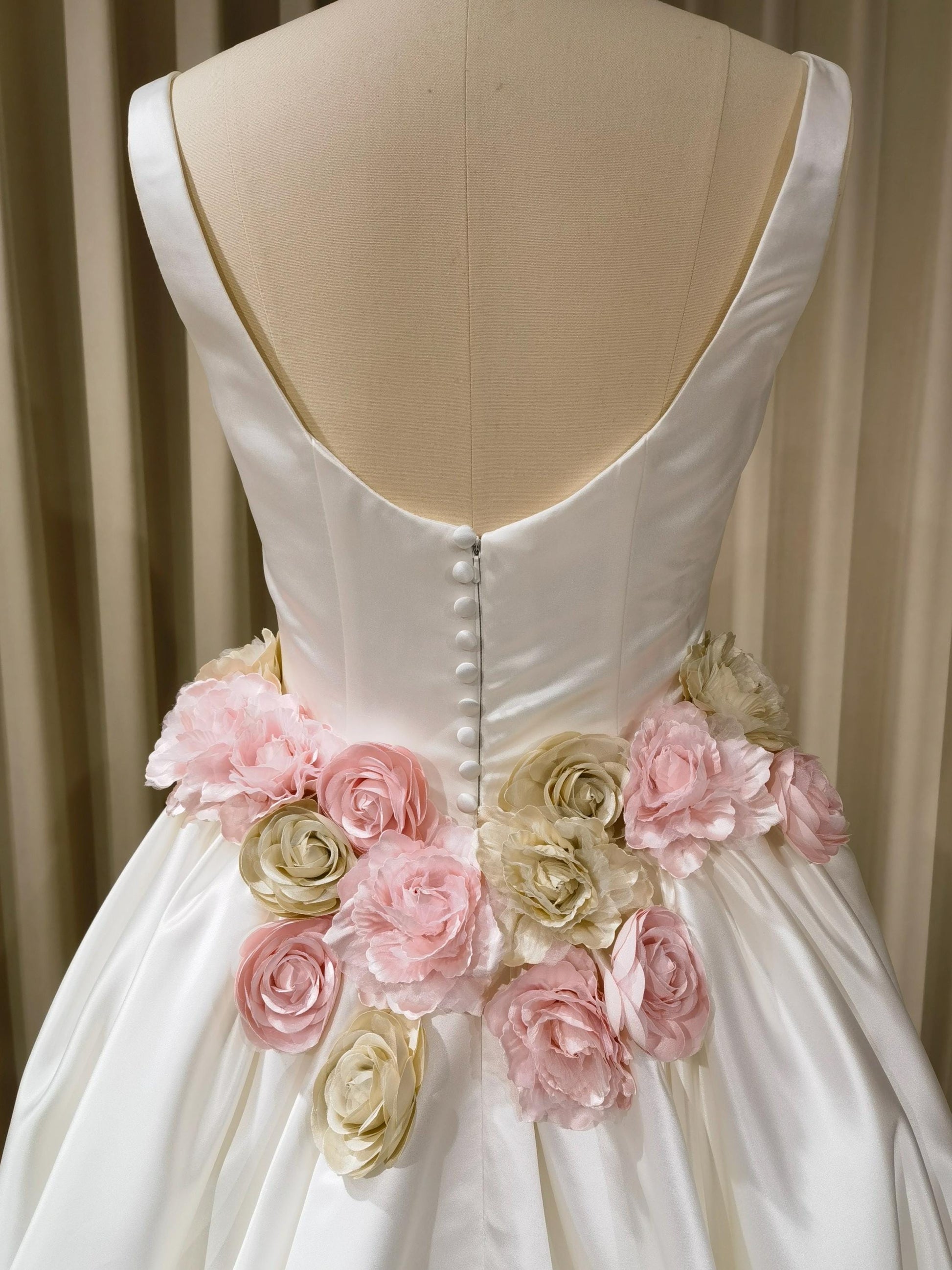 Minimalist Satin Corset Basque Waist Wedding Ballgown with Handmade Flowers and Detachable Bow | Abigail