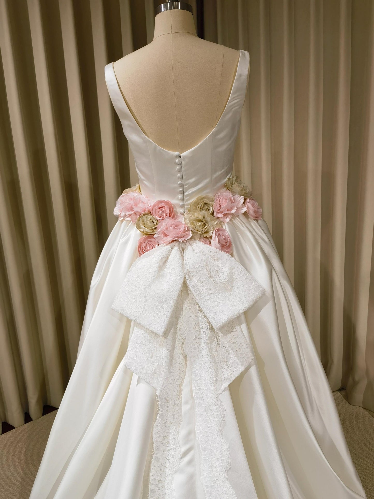 Minimalist Satin Corset Basque Waist Wedding Ballgown with Handmade Flowers and Detachable Bow | Abigail