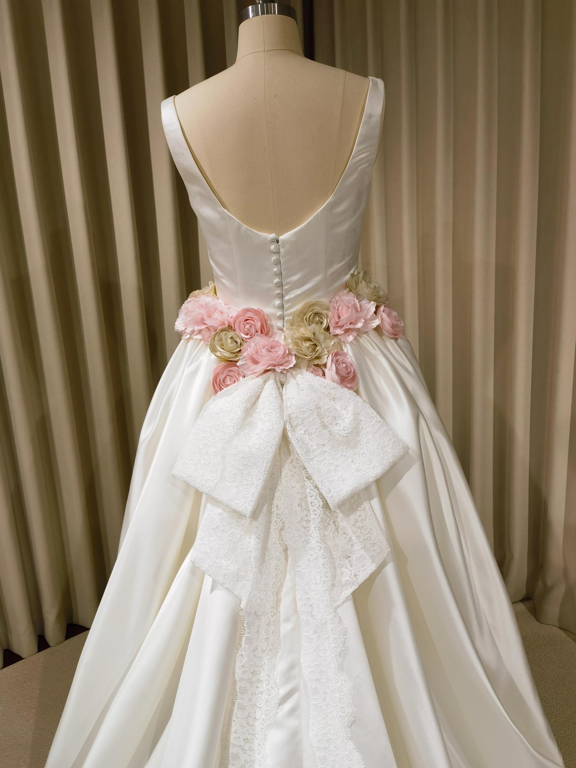 Minimalist Satin Corset Basque Waist Wedding Ballgown with Handmade Flowers and Detachable Bow | Abigail