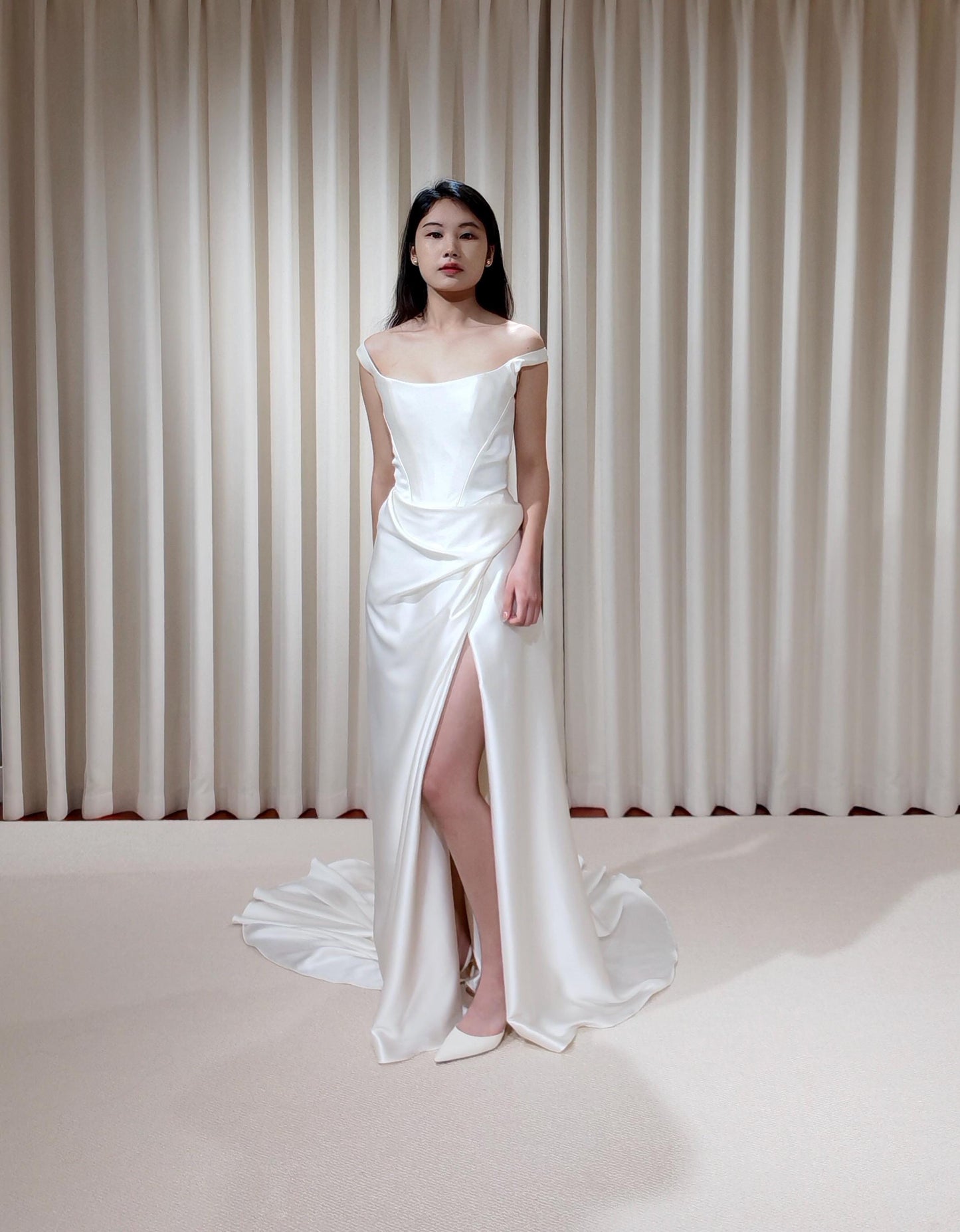 Minimalist Off Shoulder Satin Corset Wedding Dress with Slit | Chantel