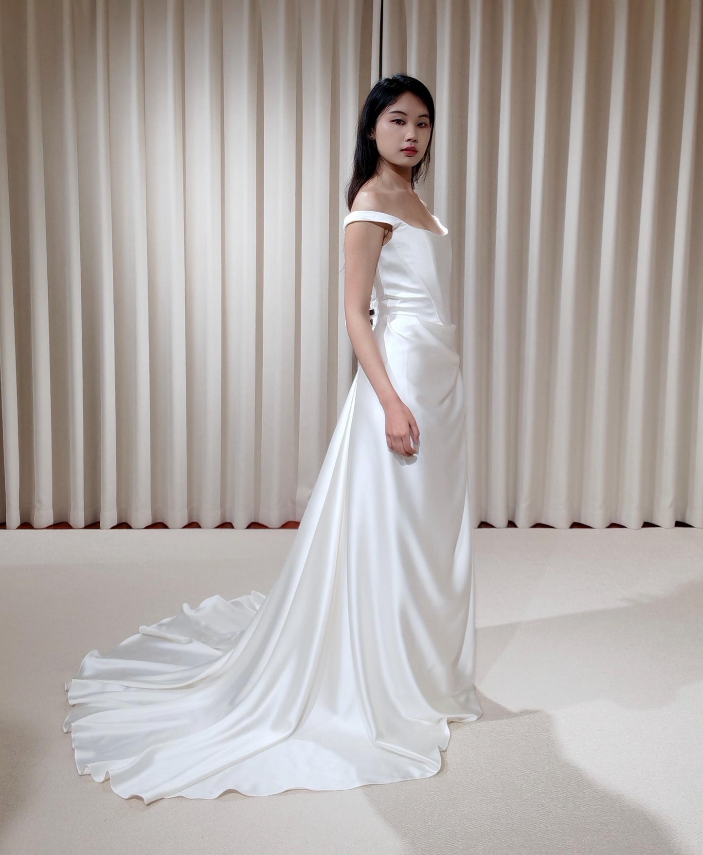 Minimalist Off Shoulder Satin Corset Wedding Dress with Slit | Chantel
