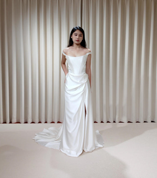 Minimalist Off Shoulder Satin Corset Wedding Dress with Slit | Chantel