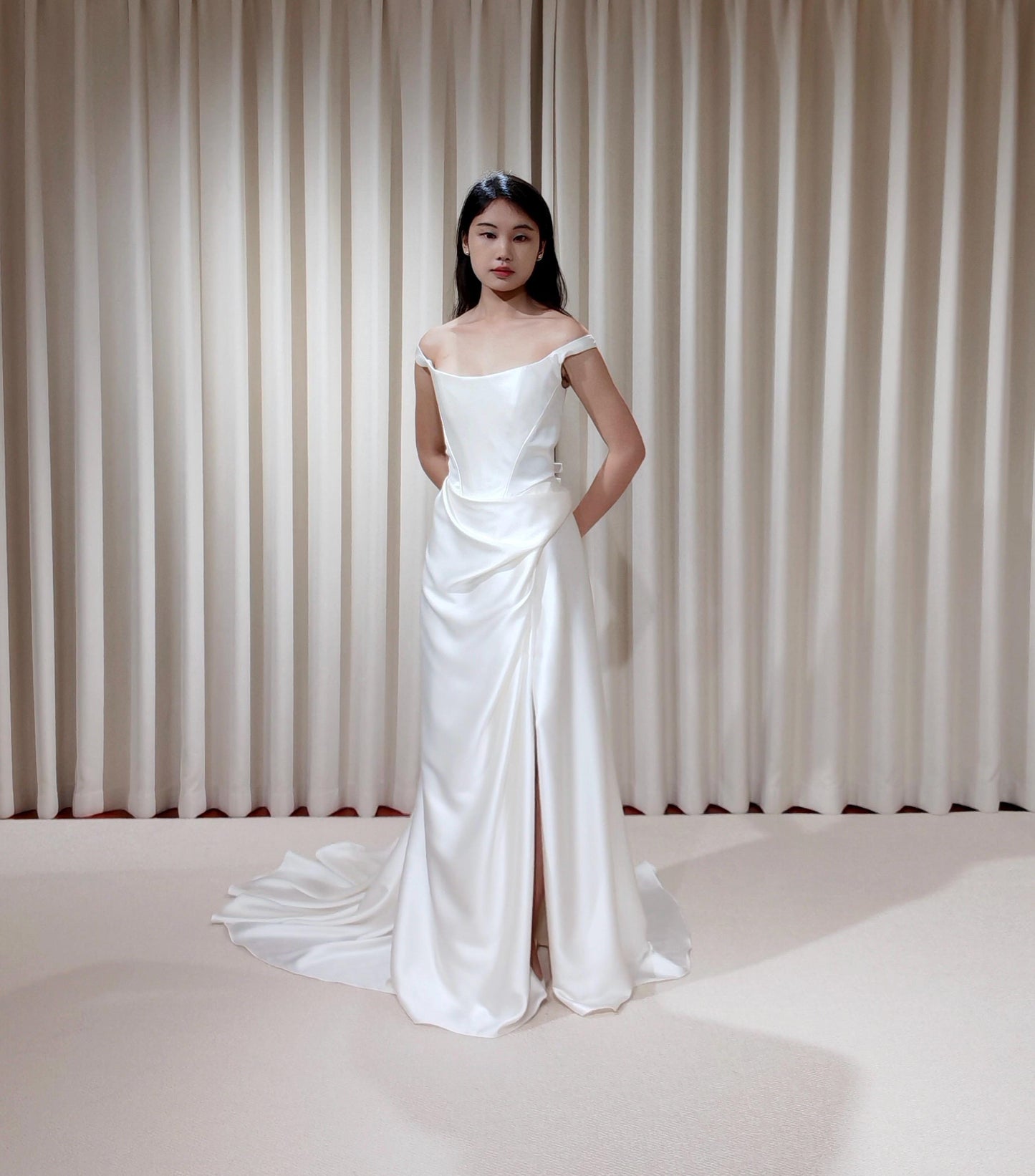 Minimalist Off Shoulder Satin Corset Wedding Dress with Slit | Chantel