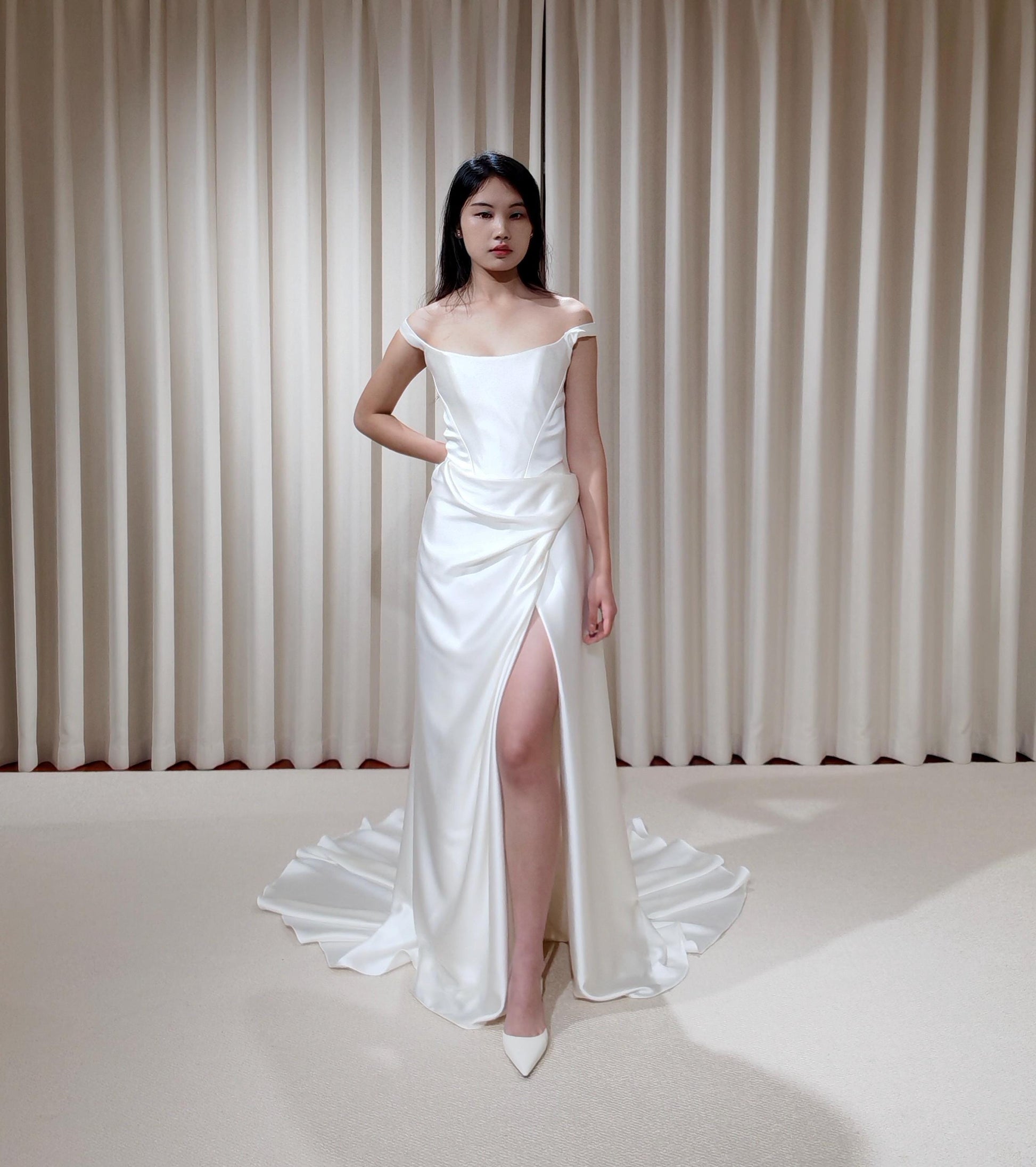 Minimalist Off Shoulder Satin Corset Wedding Dress with Slit | Chantel