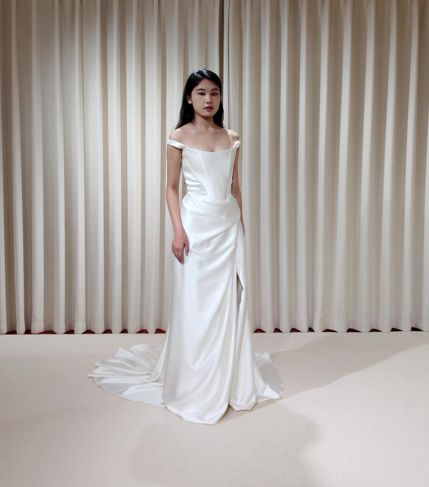 Minimalist Off Shoulder Satin Corset Wedding Dress with Slit | Chantel