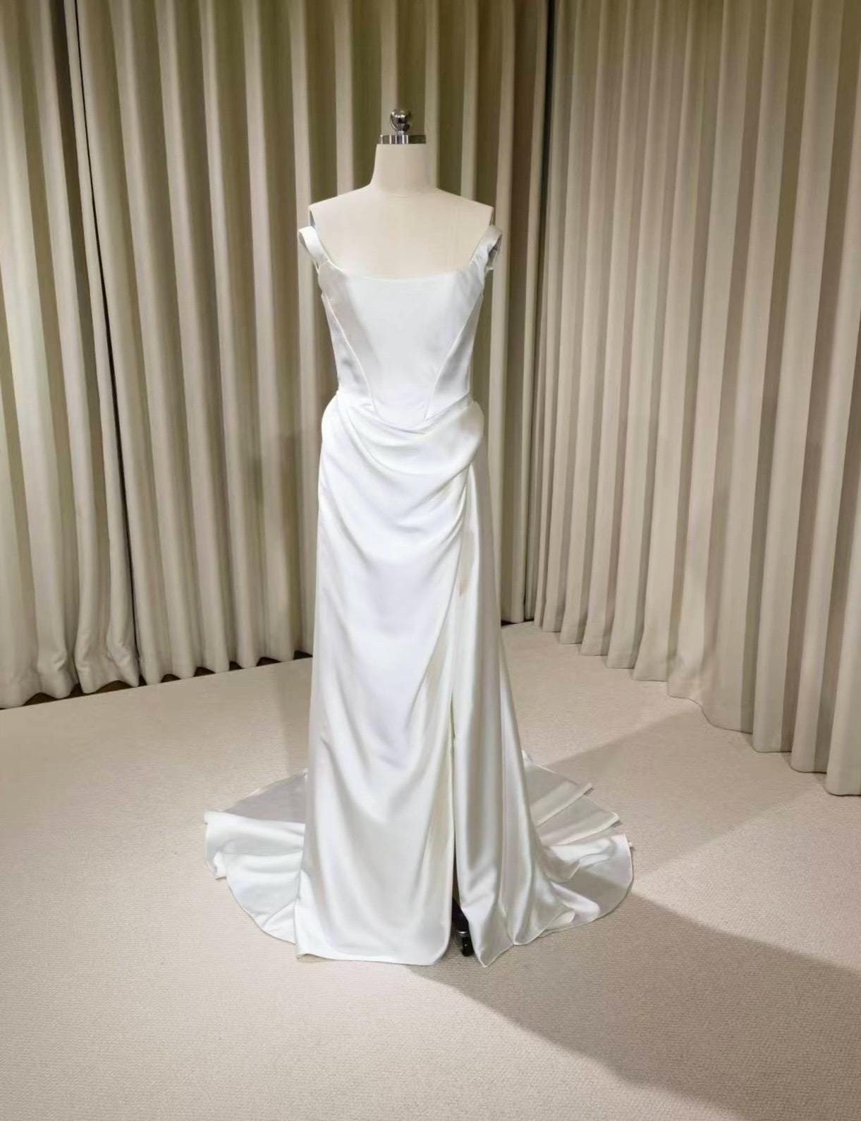 Minimalist Off Shoulder Satin Corset Wedding Dress with Slit | Chantel