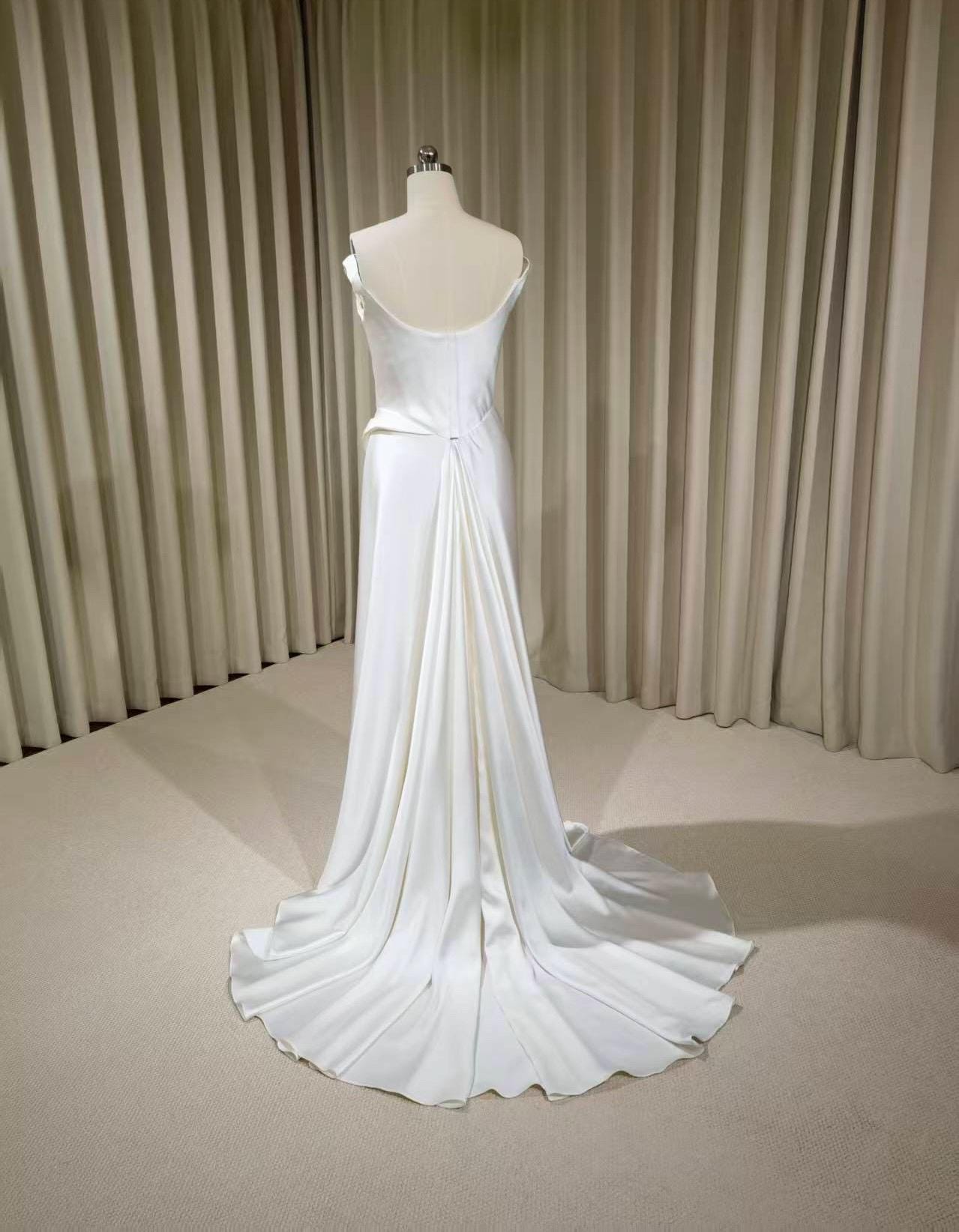 Minimalist Off Shoulder Satin Corset Wedding Dress with Slit | Chantel