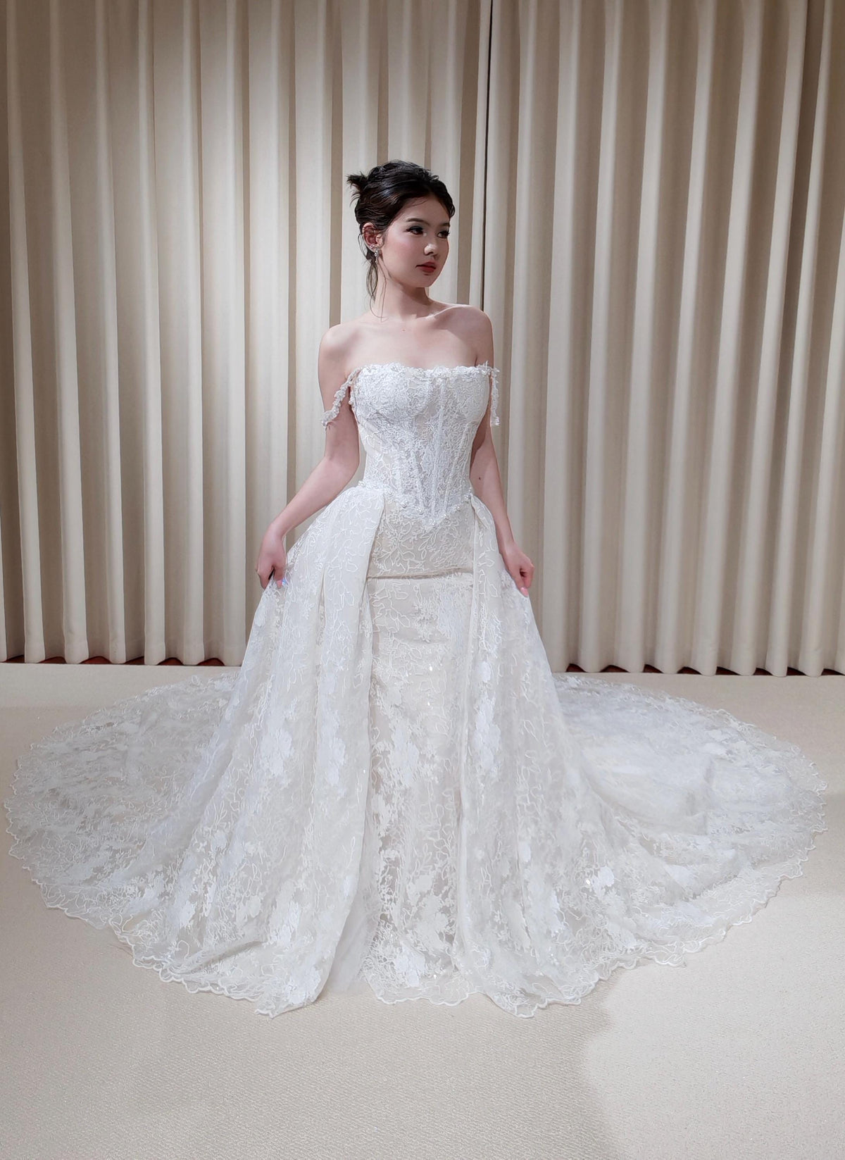 Off Shoulder Straps Lace Corset Basque Waist Mermaid Wedding Dress with Detachable Matching Lace Train | Rosalie