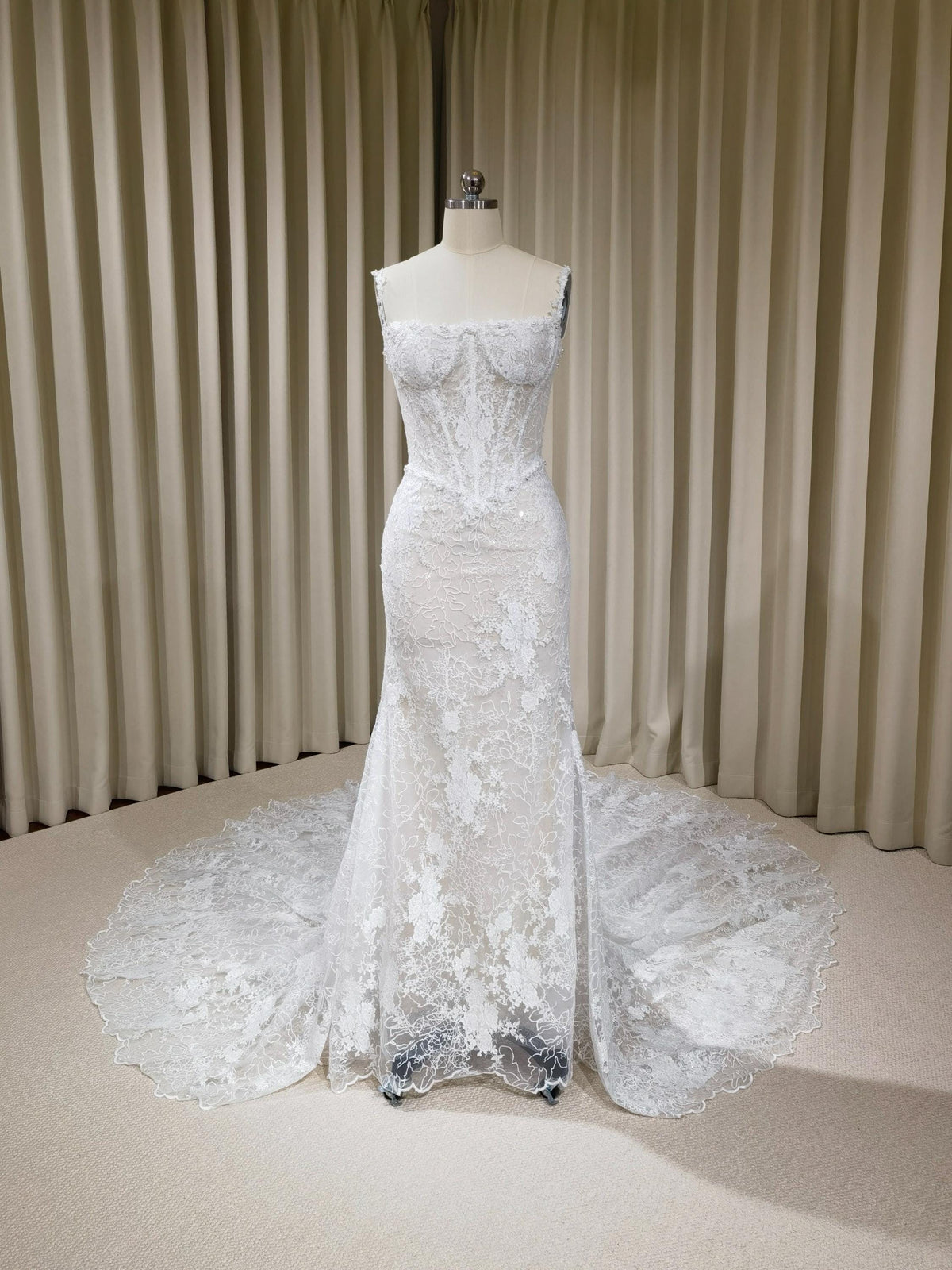 Off Shoulder Straps Lace Corset Basque Waist Mermaid Wedding Dress with Detachable Matching Lace Train | Rosalie