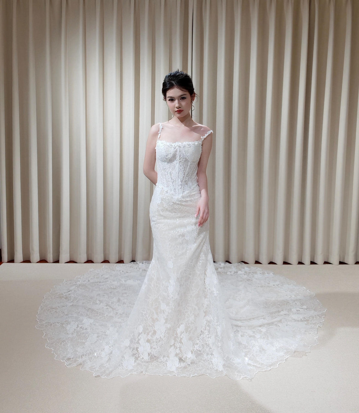 Off Shoulder Straps Lace Corset Basque Waist Mermaid Wedding Dress with Detachable Matching Lace Train | Rosalie