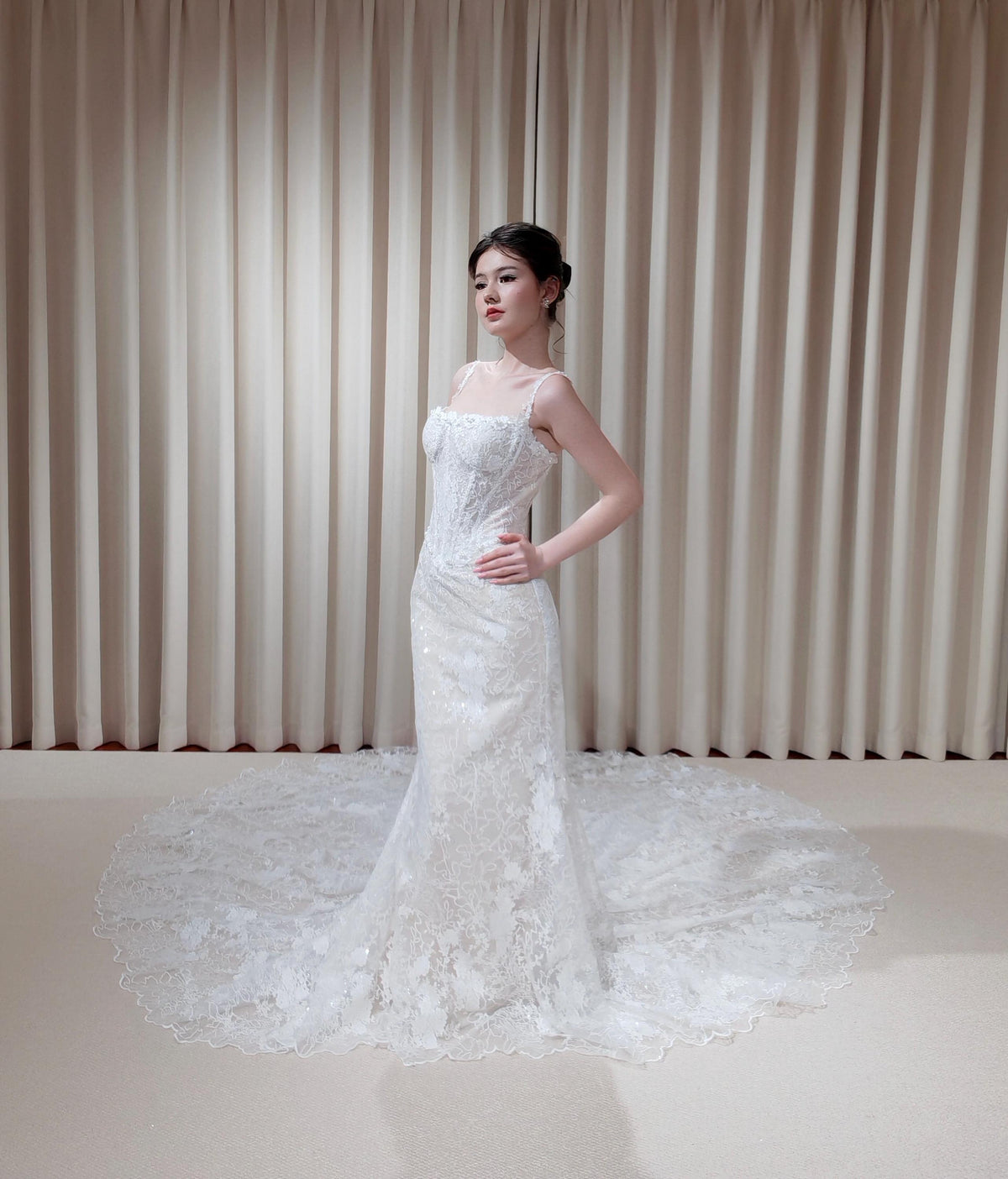 Off Shoulder Straps Lace Corset Basque Waist Mermaid Wedding Dress with Detachable Matching Lace Train | Rosalie
