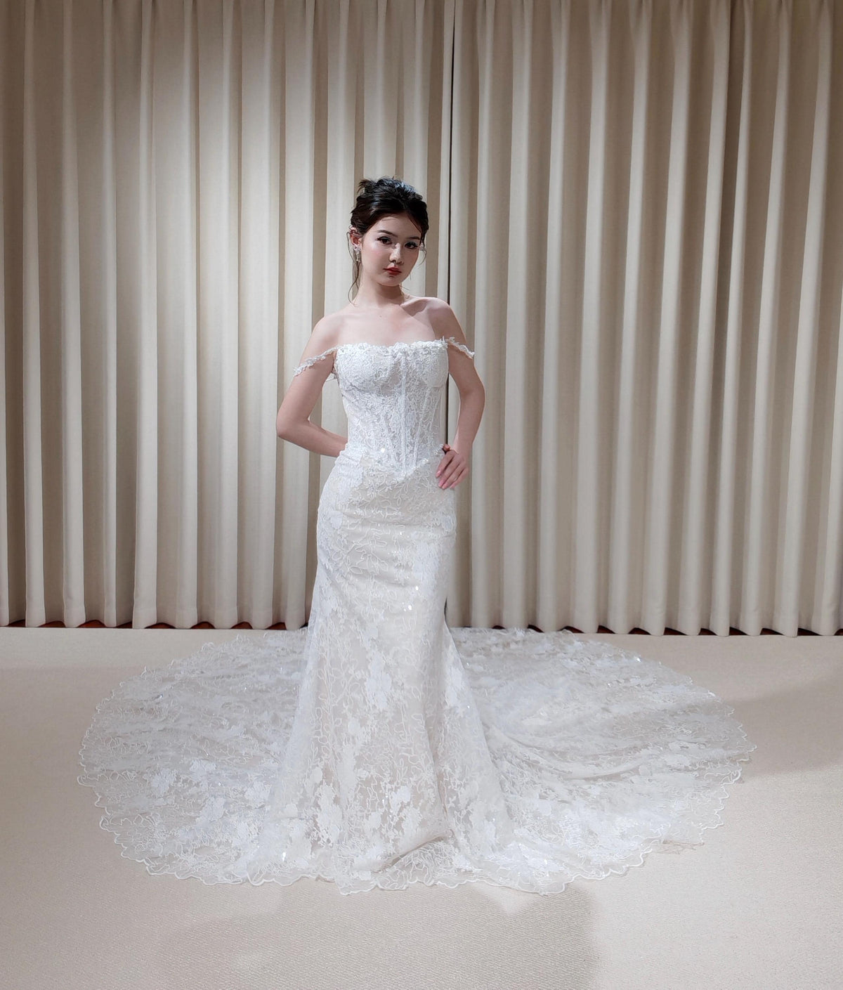 Off Shoulder Straps Lace Corset Basque Waist Mermaid Wedding Dress with Detachable Matching Lace Train | Rosalie