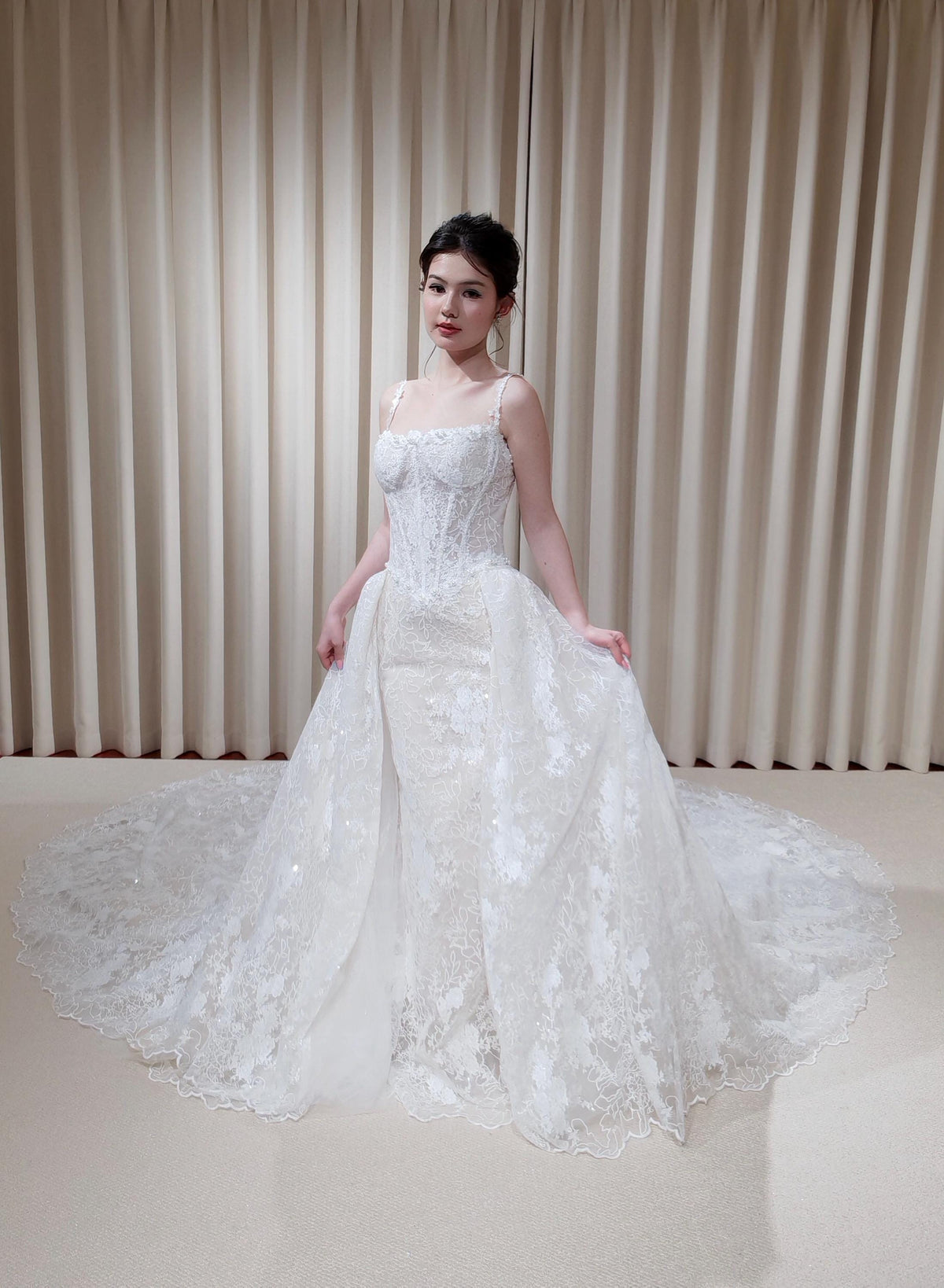 Off Shoulder Straps Lace Corset Basque Waist Mermaid Wedding Dress with Detachable Matching Lace Train | Rosalie