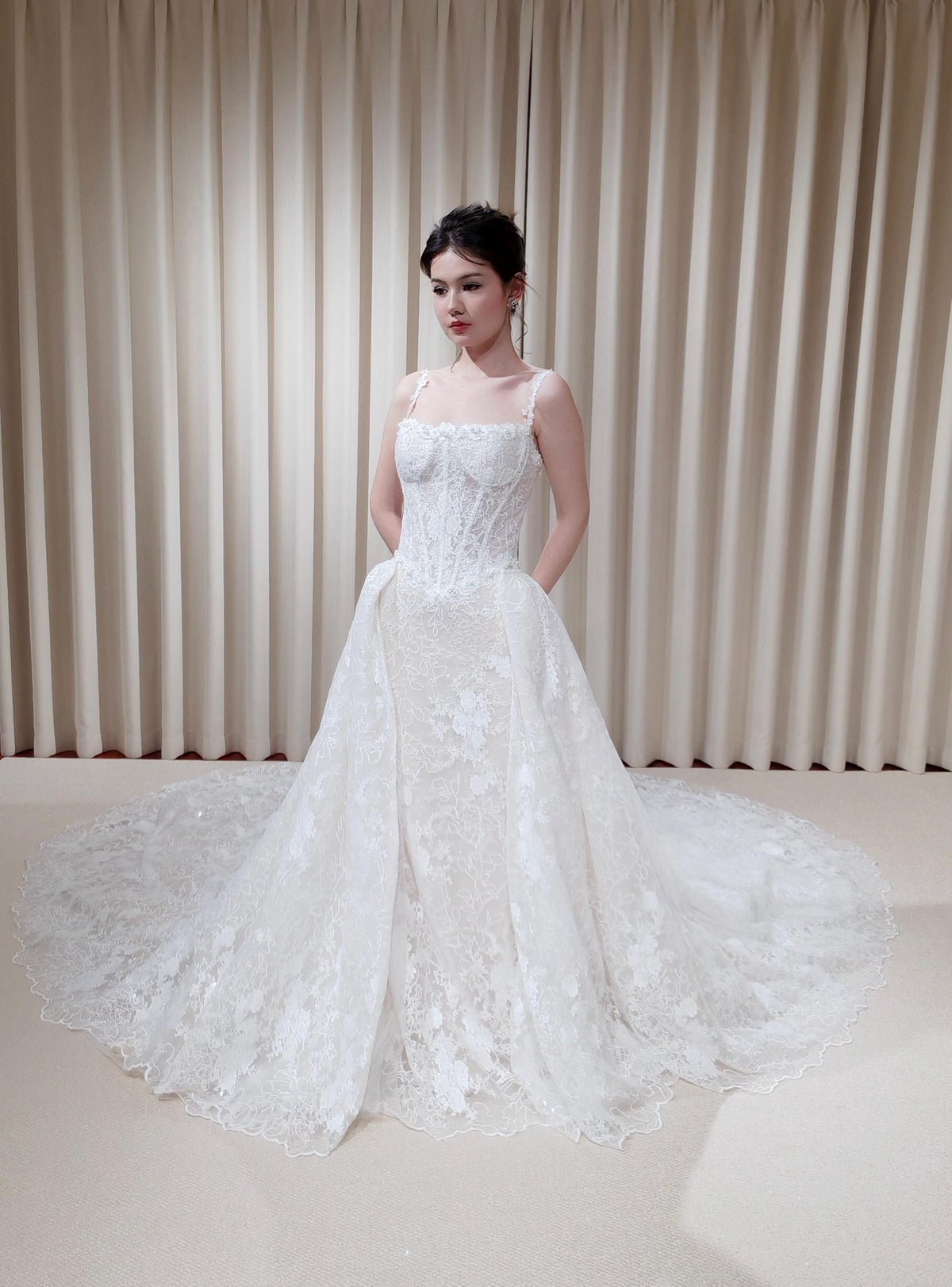 Off Shoulder Straps Lace Corset Basque Waist Mermaid Wedding Dress with Detachable Matching Lace Train | Rosalie
