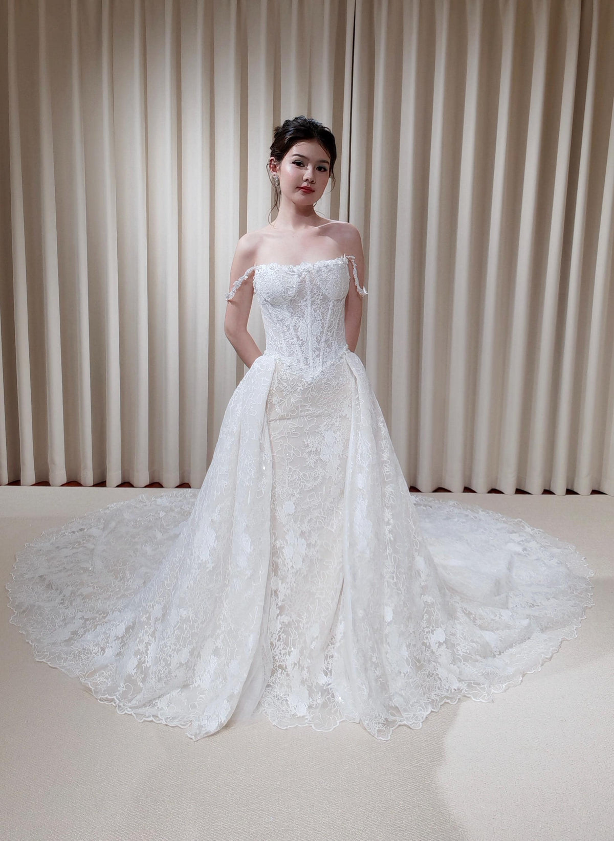 Off Shoulder Straps Lace Corset Basque Waist Mermaid Wedding Dress with Detachable Matching Lace Train | Rosalie