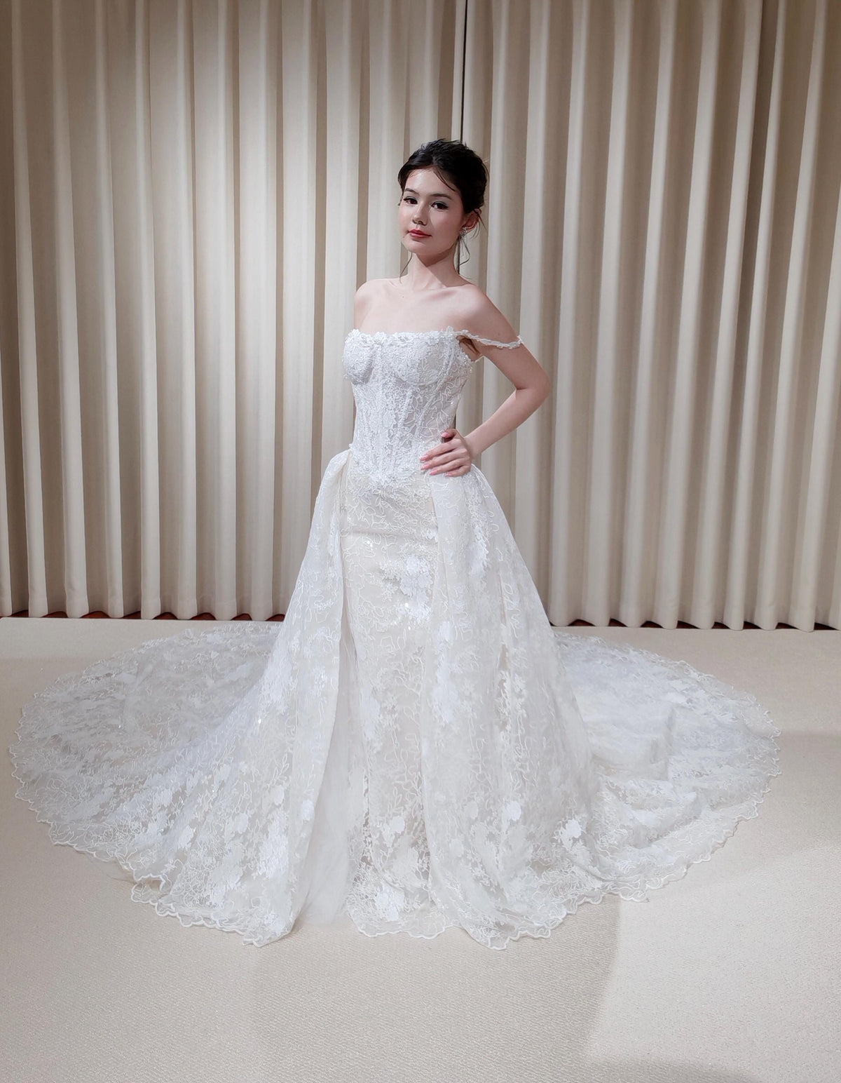 Off Shoulder Straps Lace Corset Basque Waist Mermaid Wedding Dress with Detachable Matching Lace Train | Rosalie
