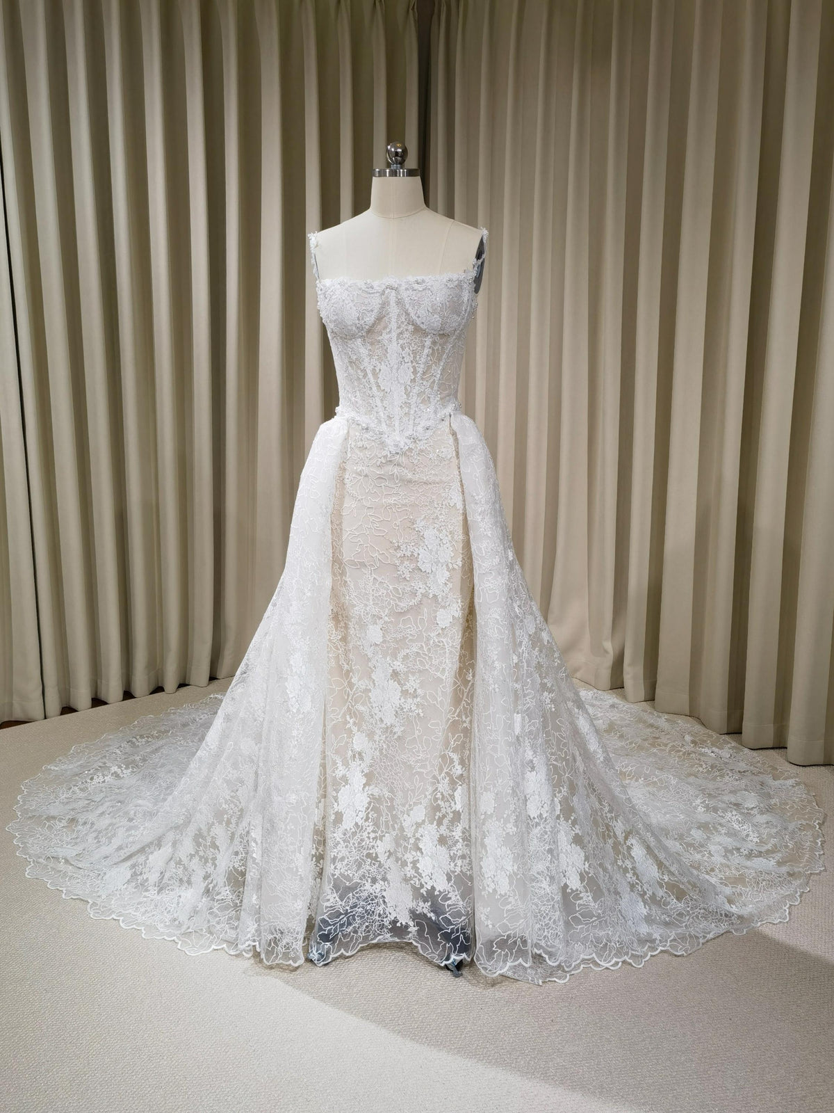 Off Shoulder Straps Lace Corset Basque Waist Mermaid Wedding Dress with Detachable Matching Lace Train | Rosalie