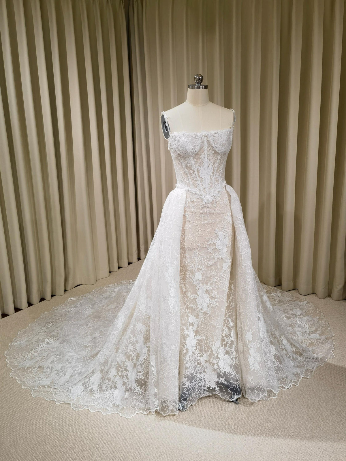 Off Shoulder Straps Lace Corset Basque Waist Mermaid Wedding Dress with Detachable Matching Lace Train | Rosalie