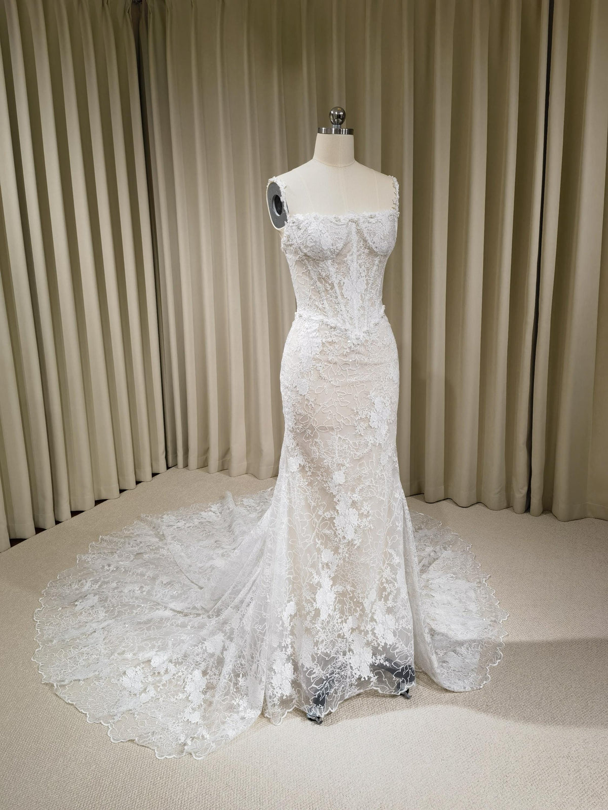 Off Shoulder Straps Lace Corset Basque Waist Mermaid Wedding Dress with Detachable Matching Lace Train | Rosalie