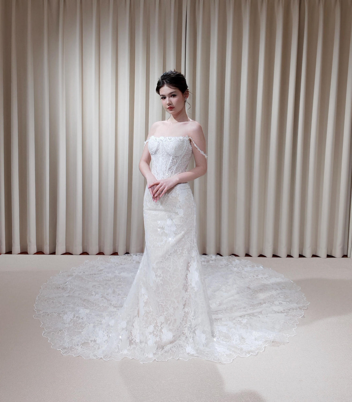 Off Shoulder Straps Lace Corset Basque Waist Mermaid Wedding Dress with Detachable Matching Lace Train | Rosalie