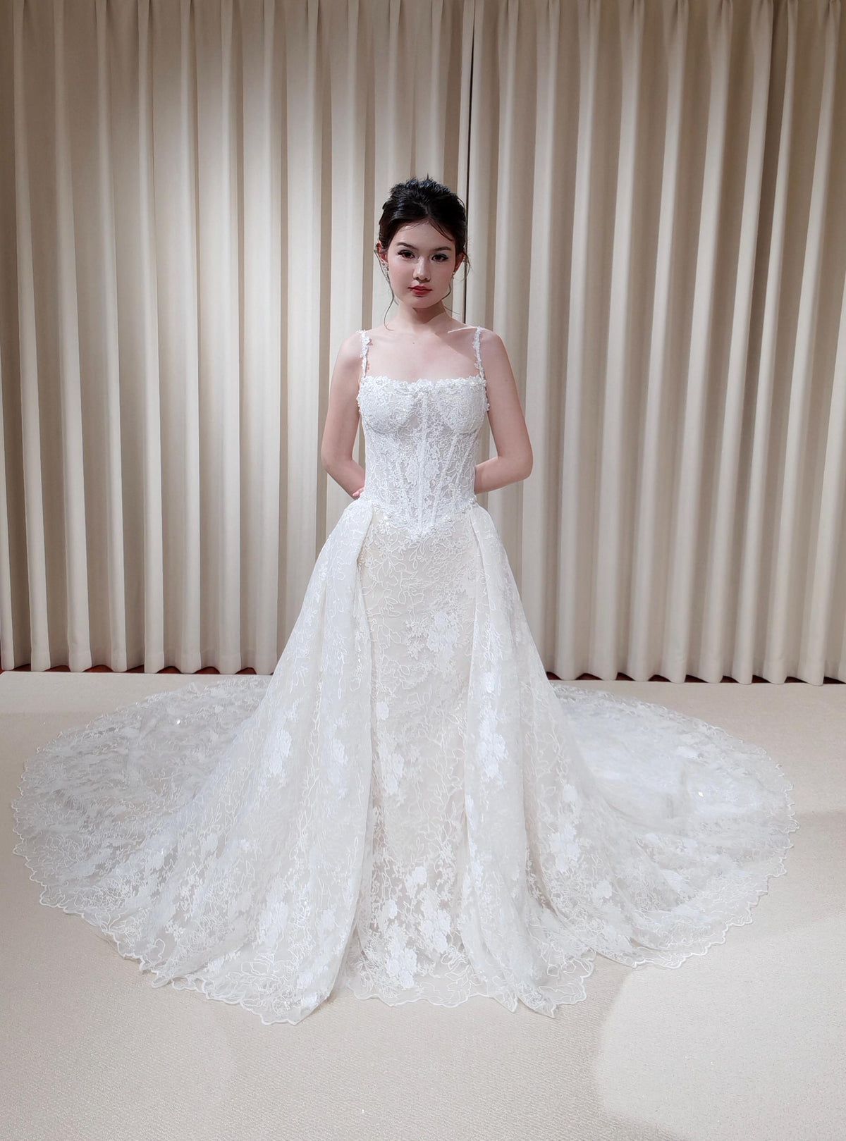 Off Shoulder Straps Lace Corset Basque Waist Mermaid Wedding Dress with Detachable Matching Lace Train | Rosalie