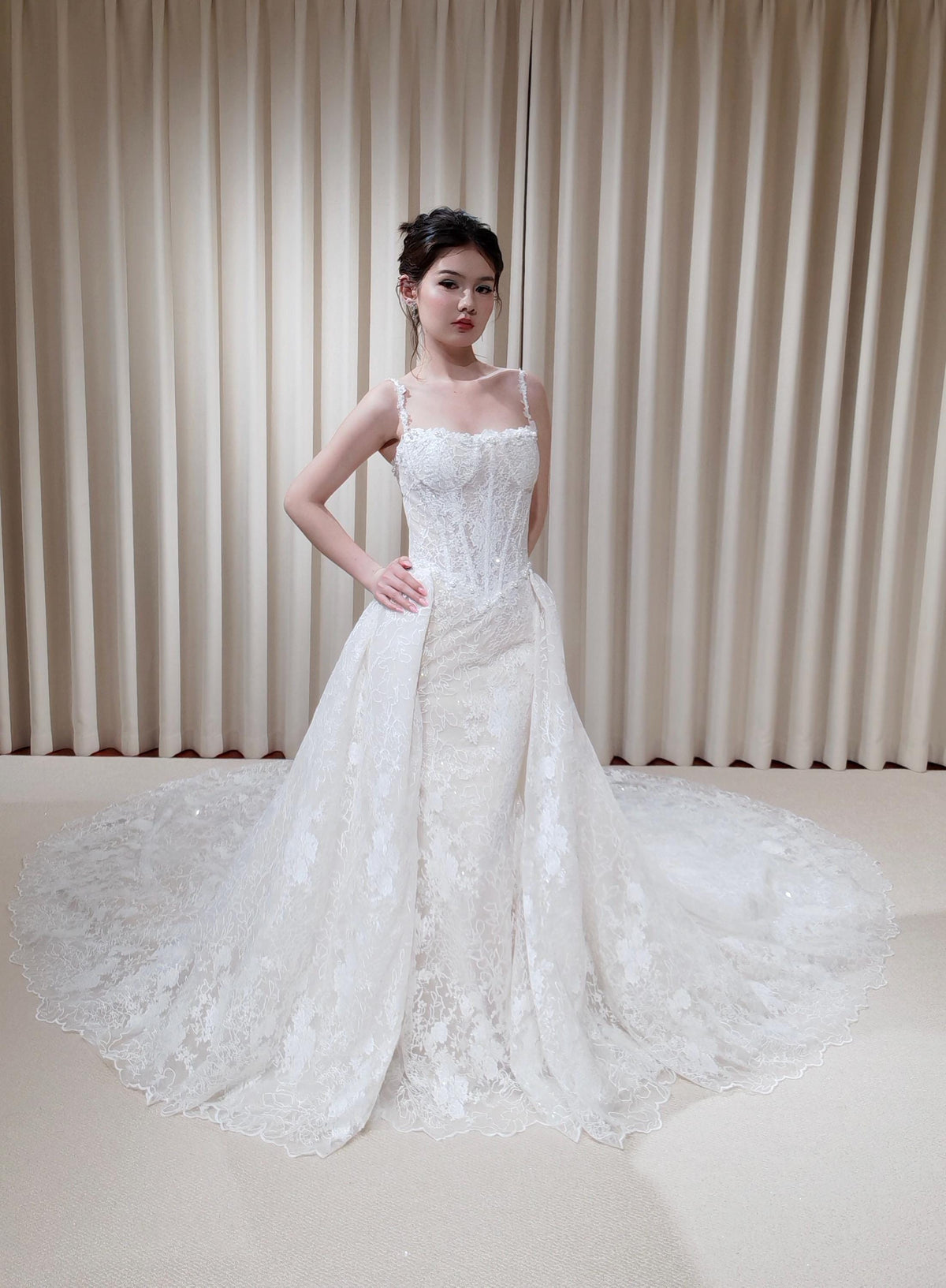 Off Shoulder Straps Lace Corset Basque Waist Mermaid Wedding Dress with Detachable Matching Lace Train | Rosalie