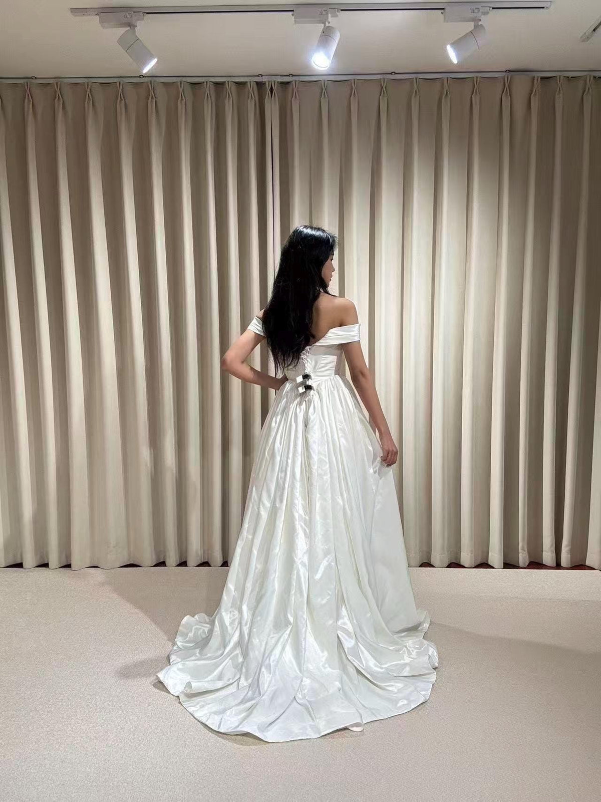 Off the Shoulder Corset Basque Waist Taffeta Wedding Dress with Scarf, Custom Bridal Ball Gown | Madison