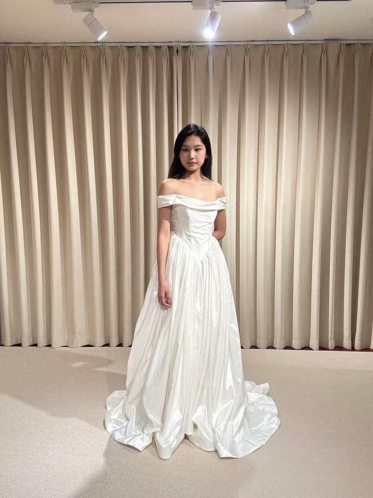 Off the Shoulder Corset Basque Waist Taffeta Wedding Dress with Scarf, Custom Bridal Ball Gown | Madison
