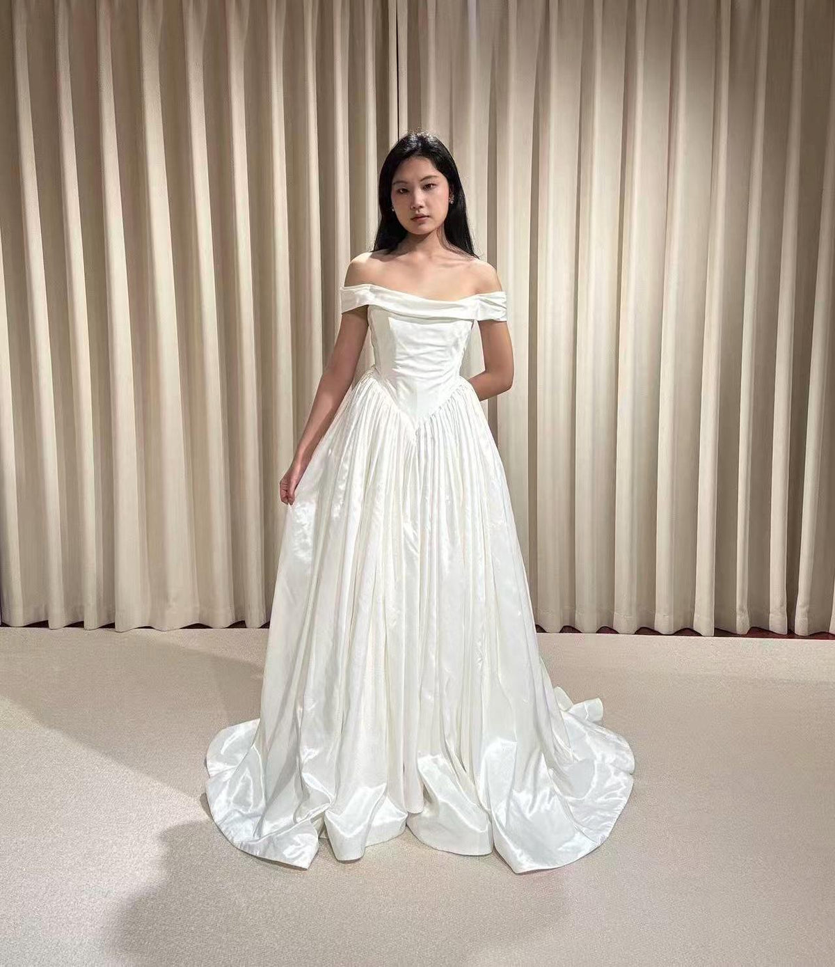 Off the Shoulder Corset Basque Waist Taffeta Wedding Dress with Scarf, Custom Bridal Ball Gown | Madison
