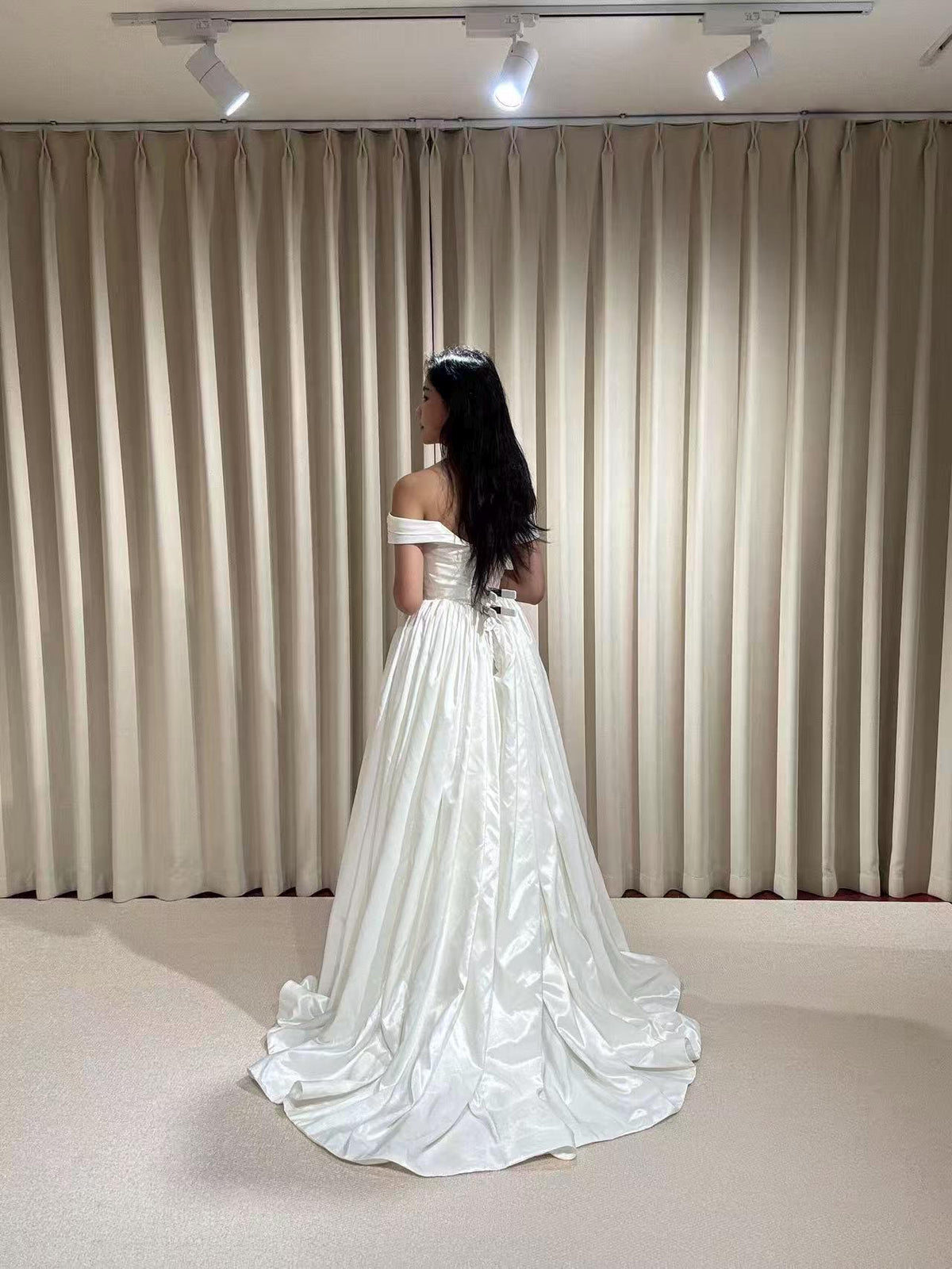 Off the Shoulder Corset Basque Waist Taffeta Wedding Dress with Scarf, Custom Bridal Ball Gown | Madison