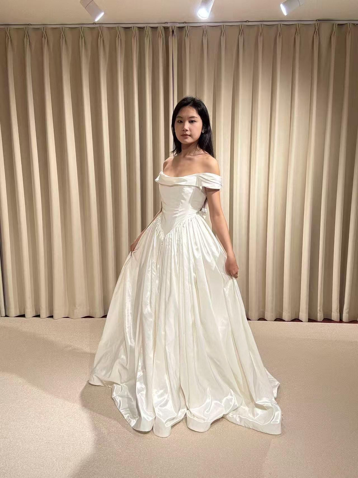 Off the Shoulder Corset Basque Waist Taffeta Wedding Dress with Scarf, Custom Bridal Ball Gown | Madison