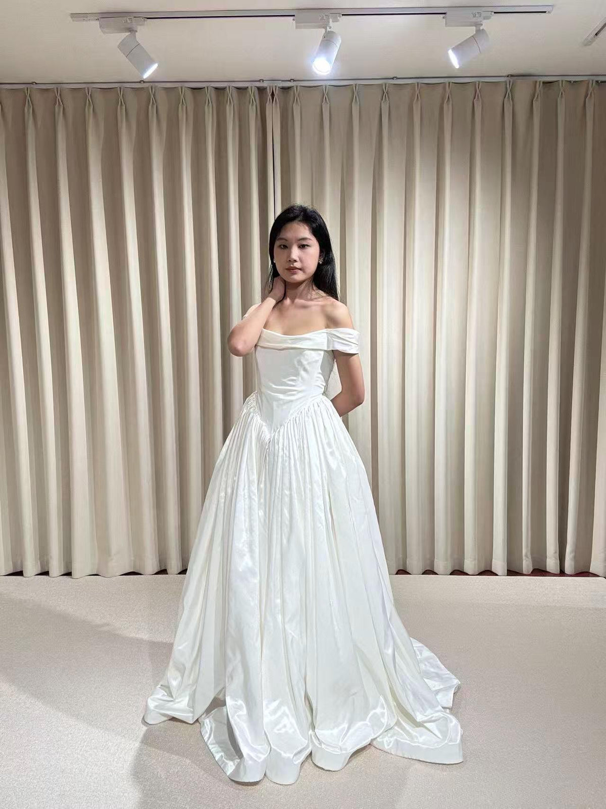Off the Shoulder Corset Basque Waist Taffeta Wedding Dress with Scarf, Custom Bridal Ball Gown | Madison
