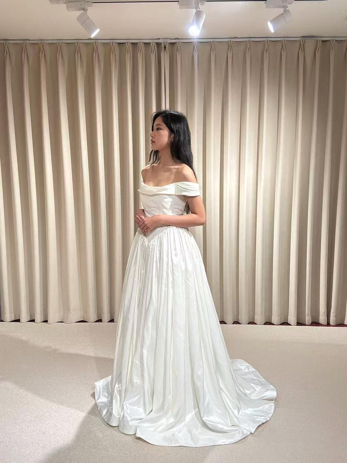 Off the Shoulder Corset Basque Waist Taffeta Wedding Dress with Scarf, Custom Bridal Ball Gown | Madison