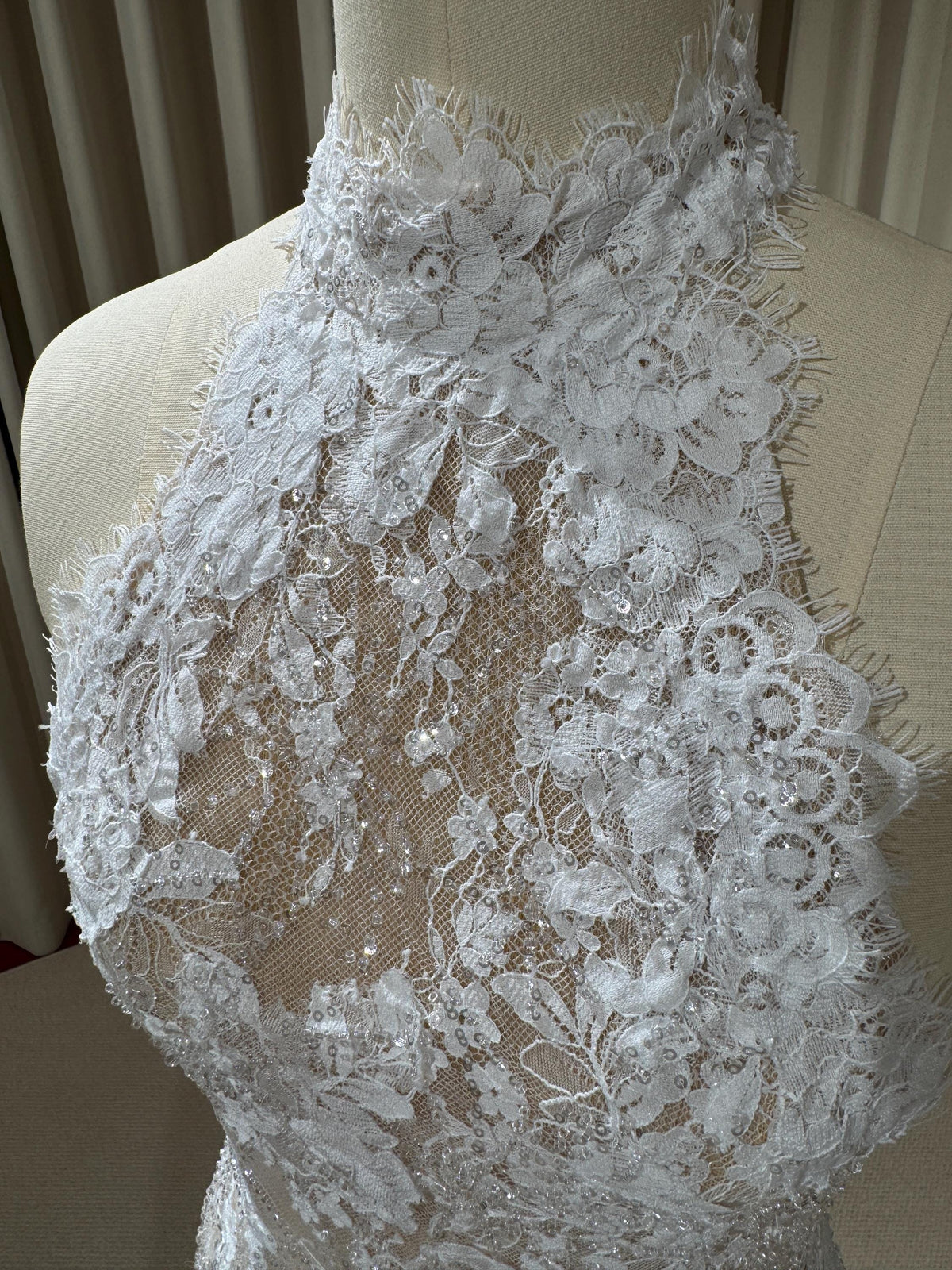 Halter Neck Beaded Lace Floral Mermaid Wedding Dress with Open Back, Custom Bridal Reception Gown | Alyssa