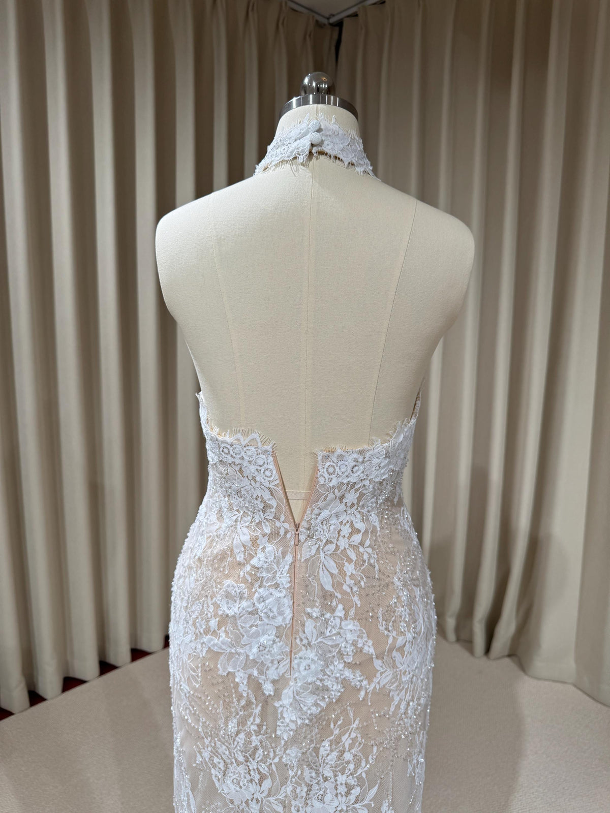 Halter Neck Beaded Lace Floral Mermaid Wedding Dress with Open Back, Custom Bridal Reception Gown | Alyssa