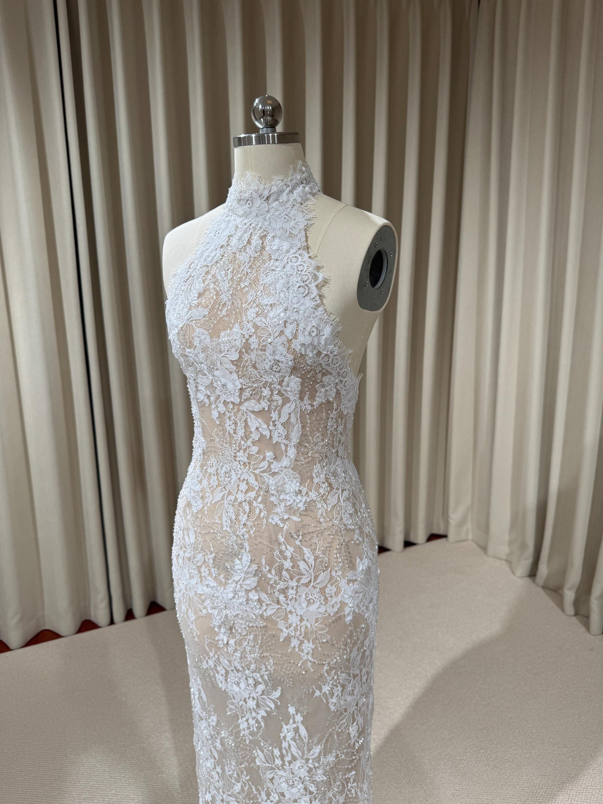 Halter Neck Beaded Lace Floral Mermaid Wedding Dress with Open Back, Custom Bridal Reception Gown | Alyssa