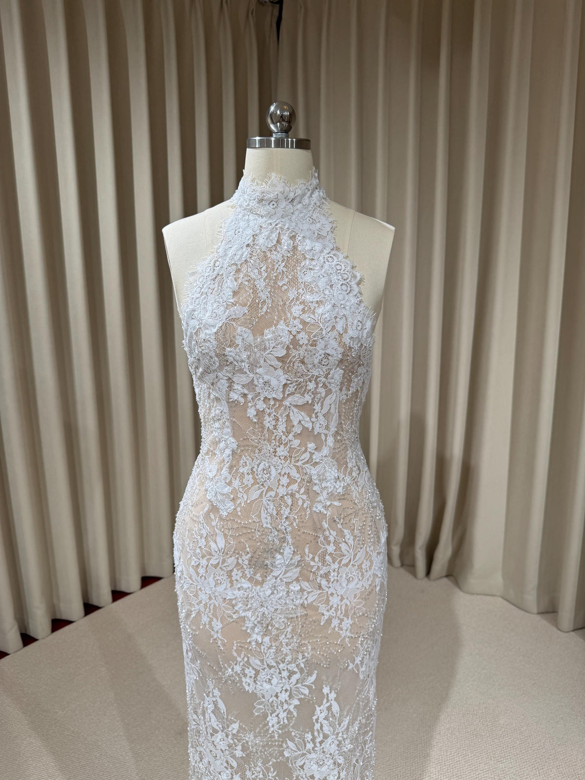 Halter Neck Beaded Lace Floral Mermaid Wedding Dress with Open Back, Custom Bridal Reception Gown | Alyssa