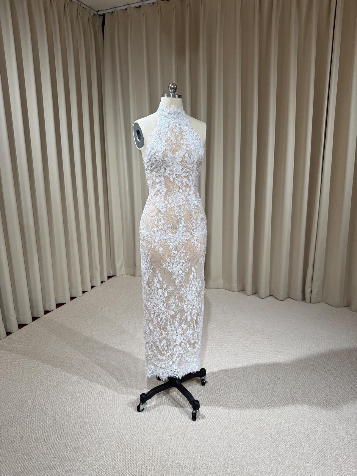 Halter Neck Beaded Lace Floral Mermaid Wedding Dress with Open Back, Custom Bridal Reception Gown | Alyssa