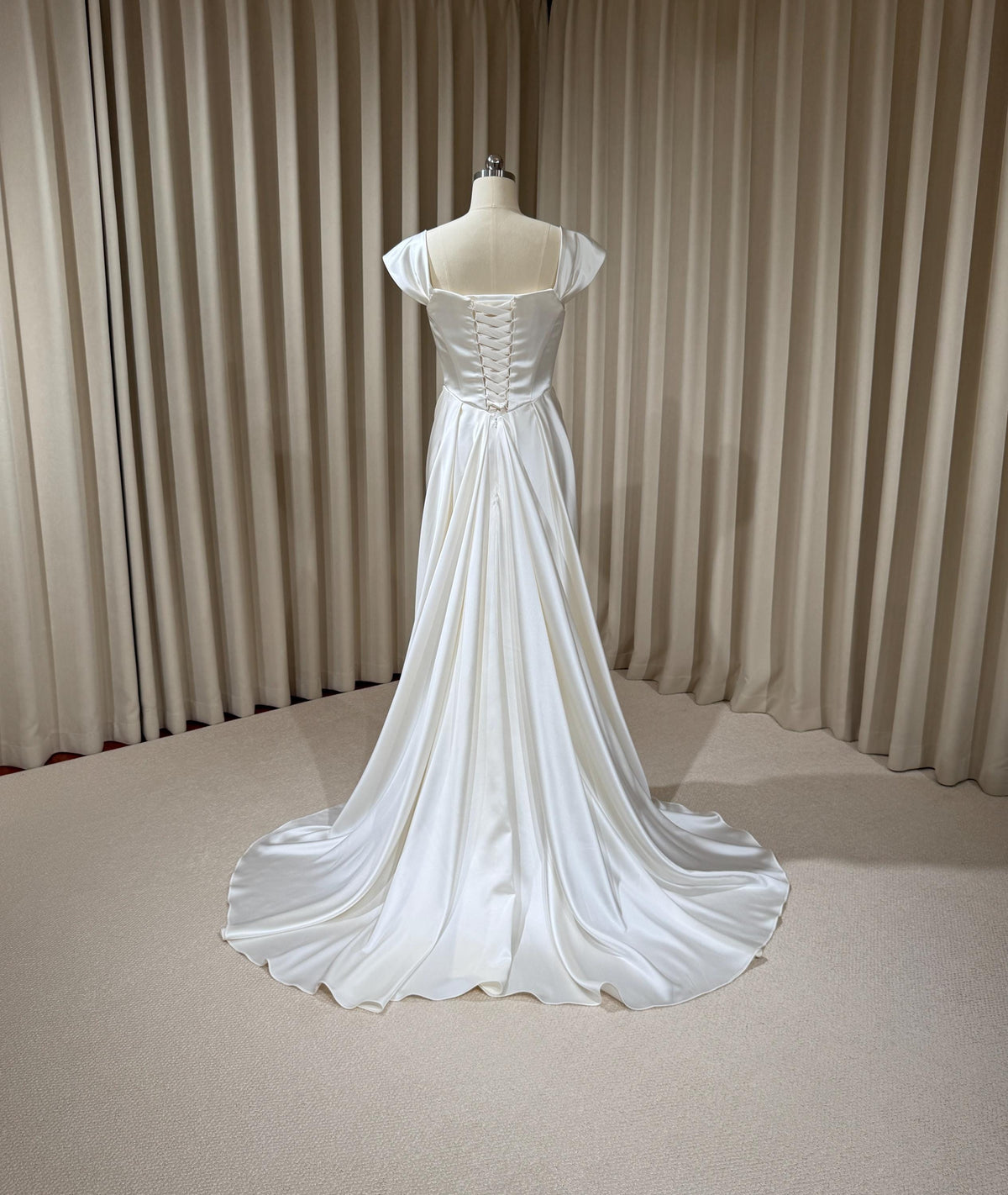 Minimalist Satin Corset Basque Waist Wedding Dress with Cap Sleeves, Custom Bridal Gown | Jennifer