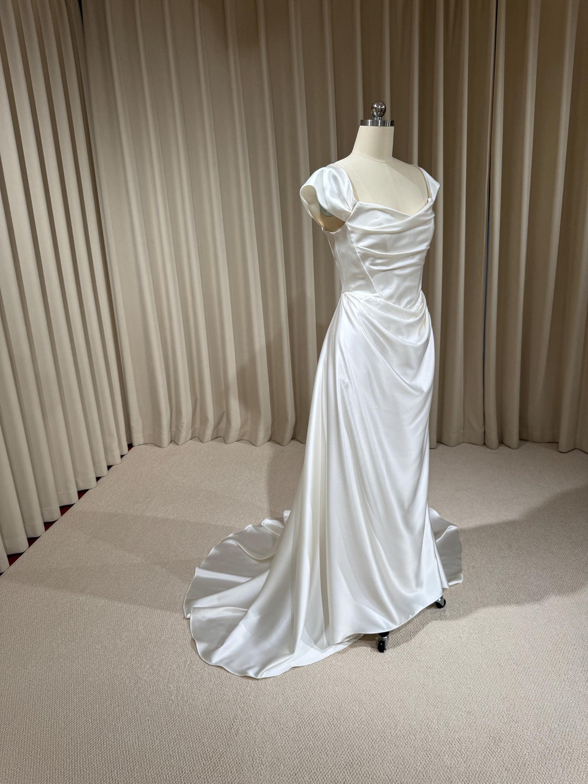 Minimalist Satin Corset Basque Waist Wedding Dress with Cap Sleeves, Custom Bridal Gown | Jennifer