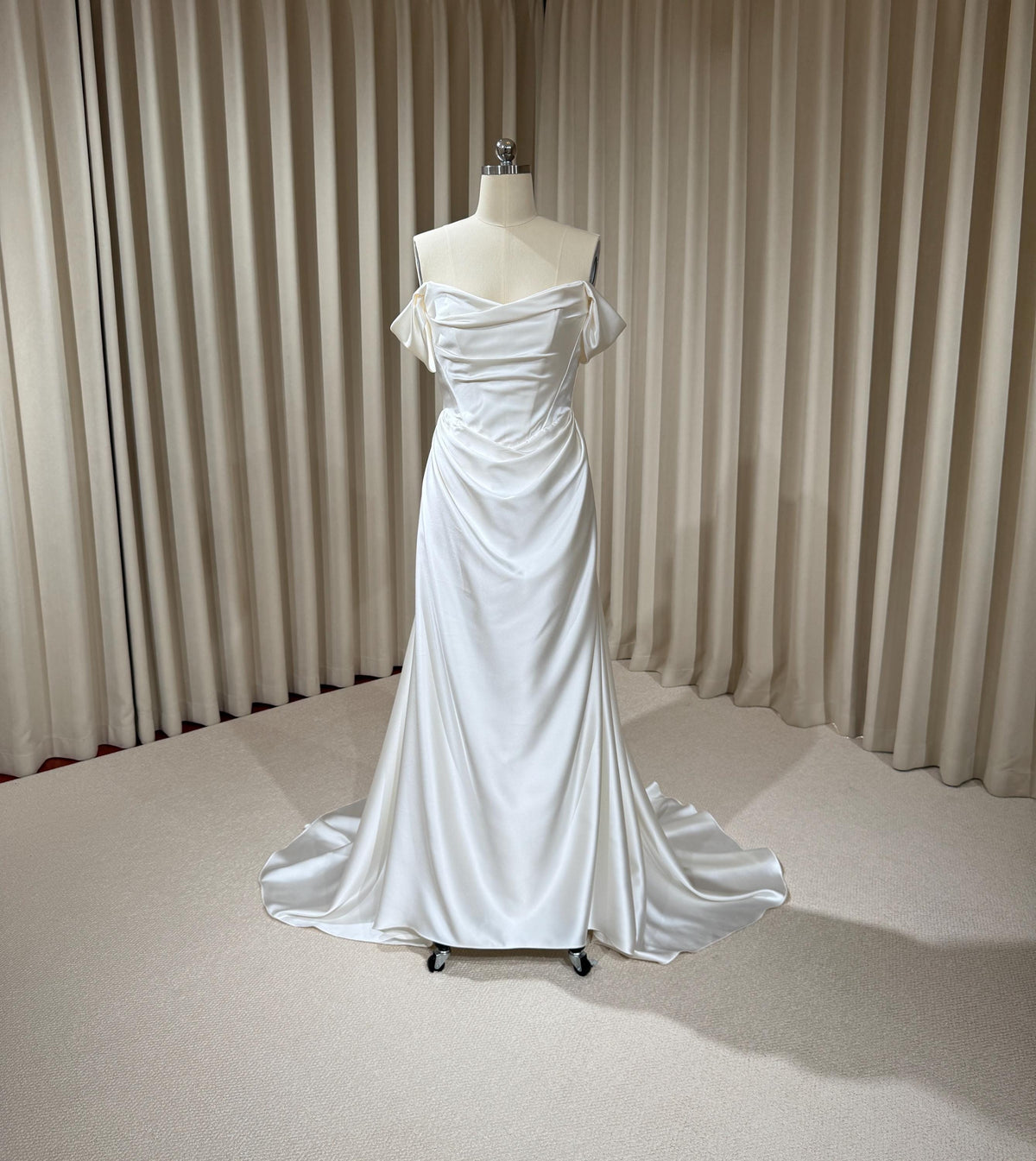 Minimalist Satin Corset Basque Waist Wedding Dress with Cap Sleeves, Custom Bridal Gown | Jennifer
