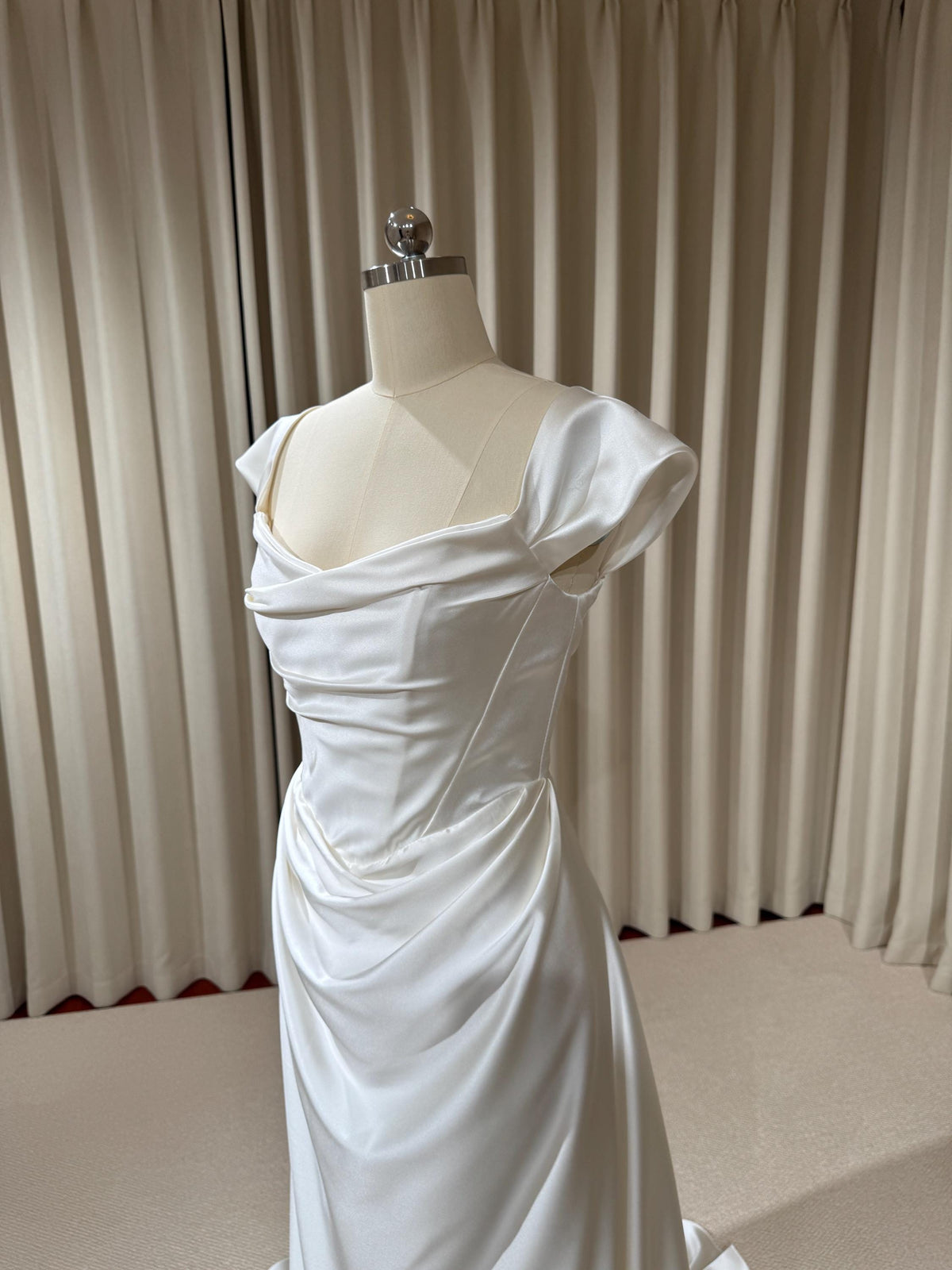 Minimalist Satin Corset Basque Waist Wedding Dress with Cap Sleeves, Custom Bridal Gown | Jennifer