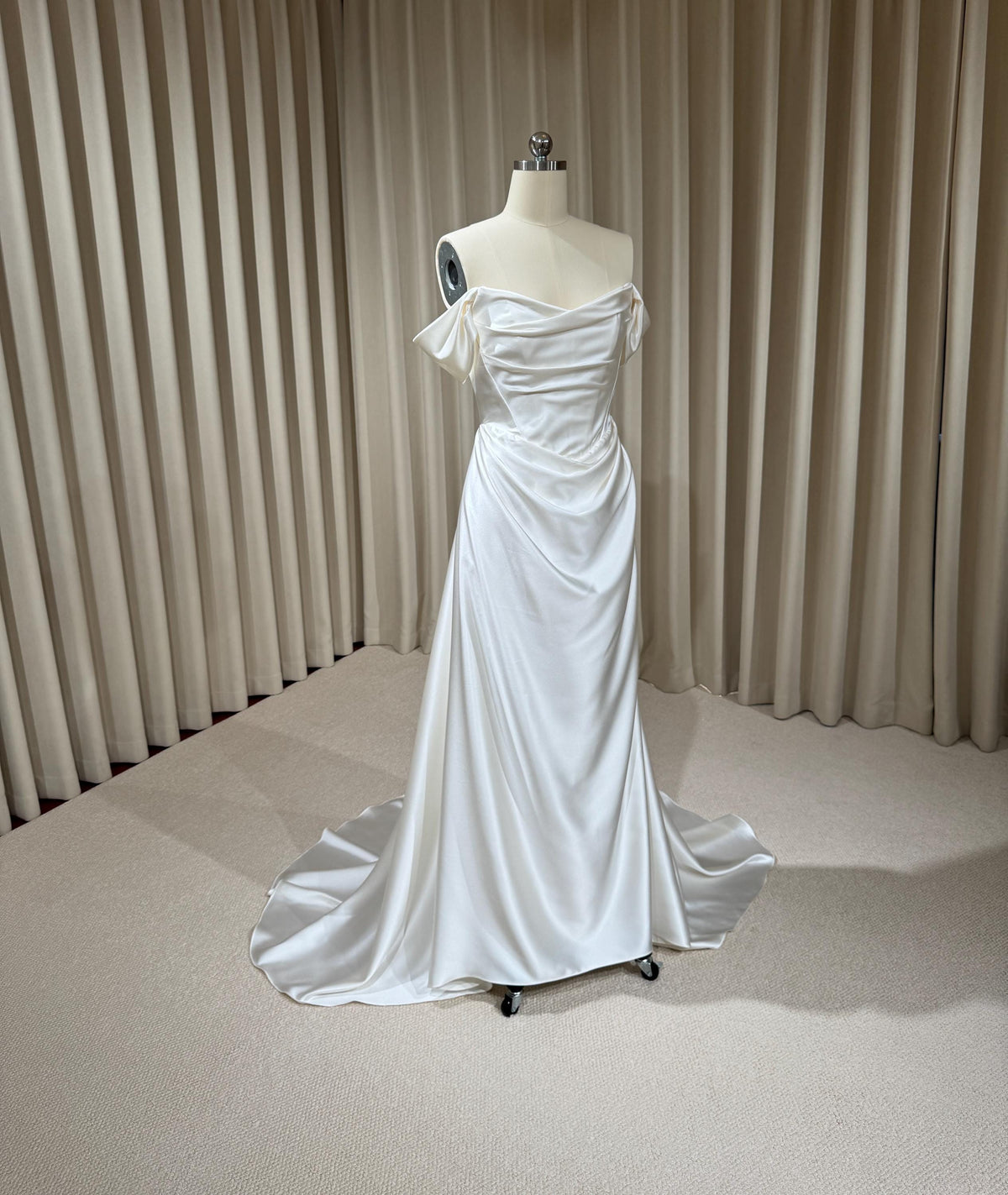 Minimalist Satin Corset Basque Waist Wedding Dress with Cap Sleeves, Custom Bridal Gown | Jennifer