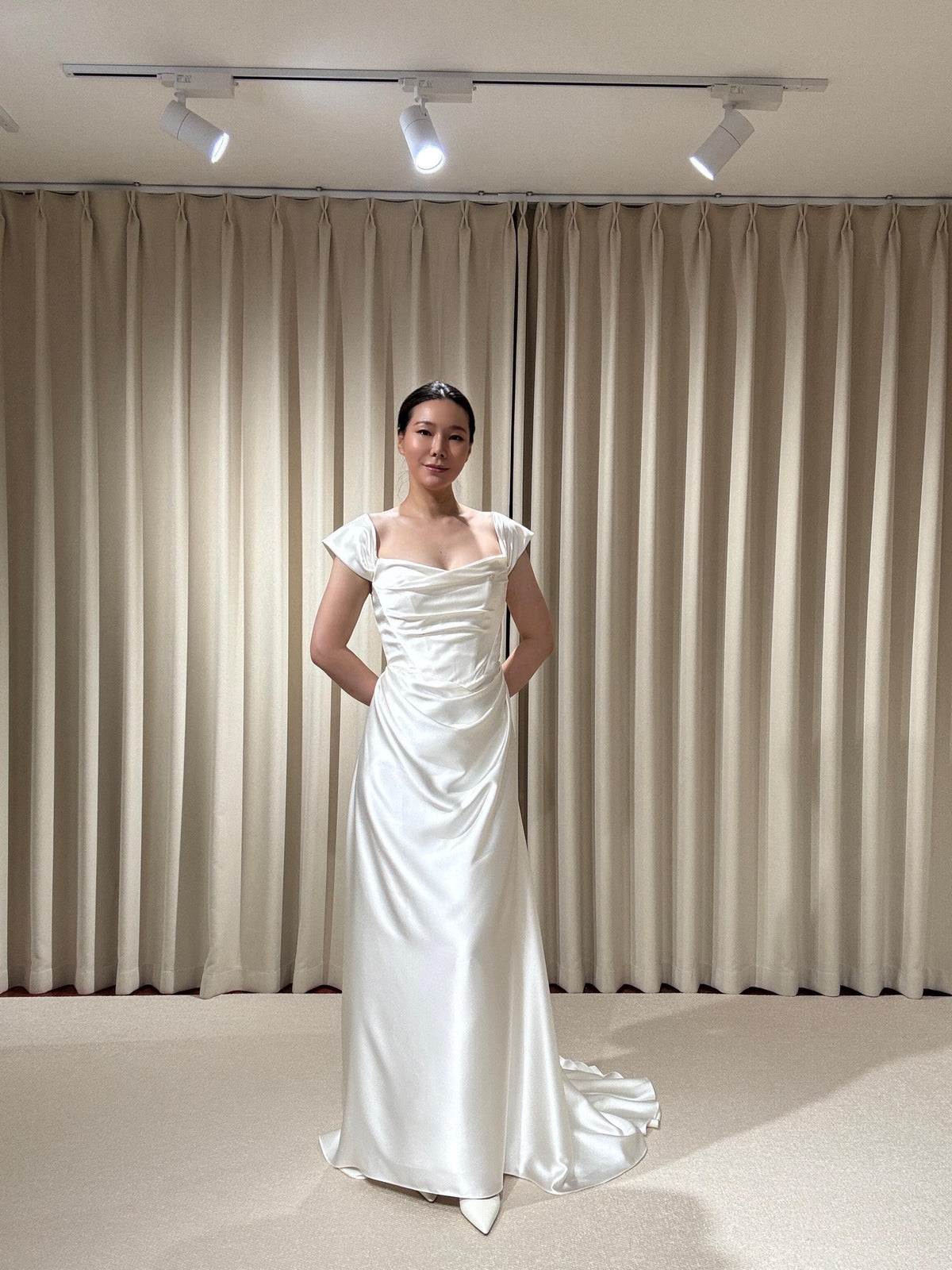 Minimalist Satin Corset Basque Waist Wedding Dress with Cap Sleeves, Custom Bridal Gown | Jennifer