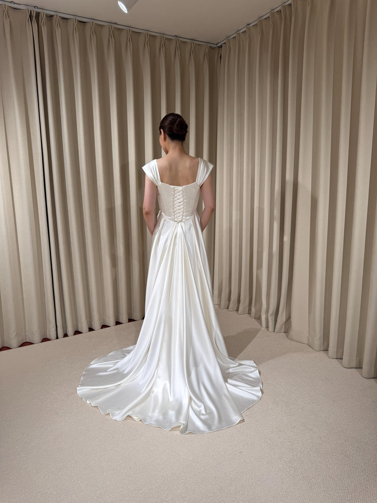 Minimalist Satin Corset Basque Waist Wedding Dress with Cap Sleeves, Custom Bridal Gown | Jennifer